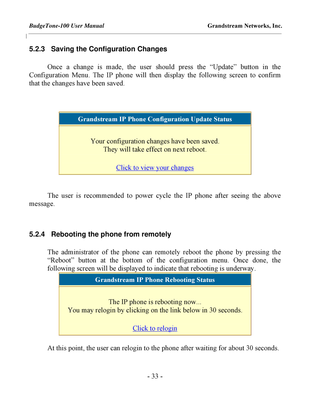 Grandstream Networks BudgeTone-100 user manual Saving the Configuration Changes 