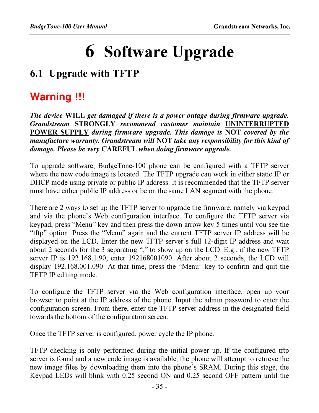 Grandstream Networks BudgeTone-100 user manual Software Upgrade, Upgrade with Tftp 