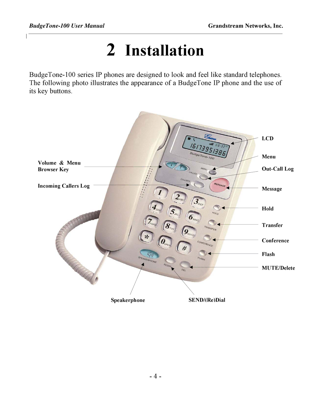 Grandstream Networks BudgeTone-100 user manual Installation, Lcd 