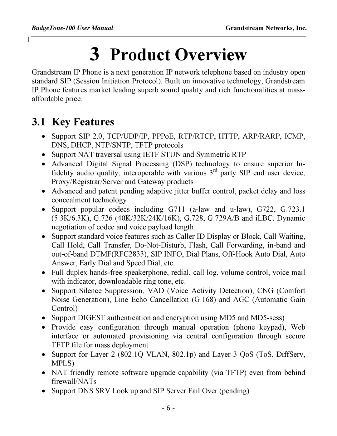 Grandstream Networks BudgeTone-100 user manual Product Overview, Key Features 