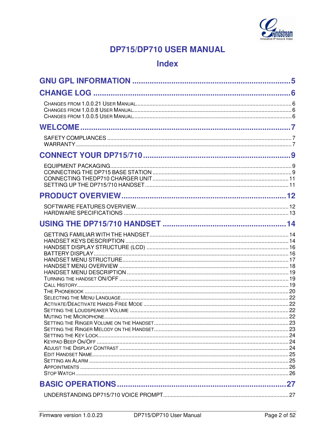 Grandstream Networks DP710 manual Index 