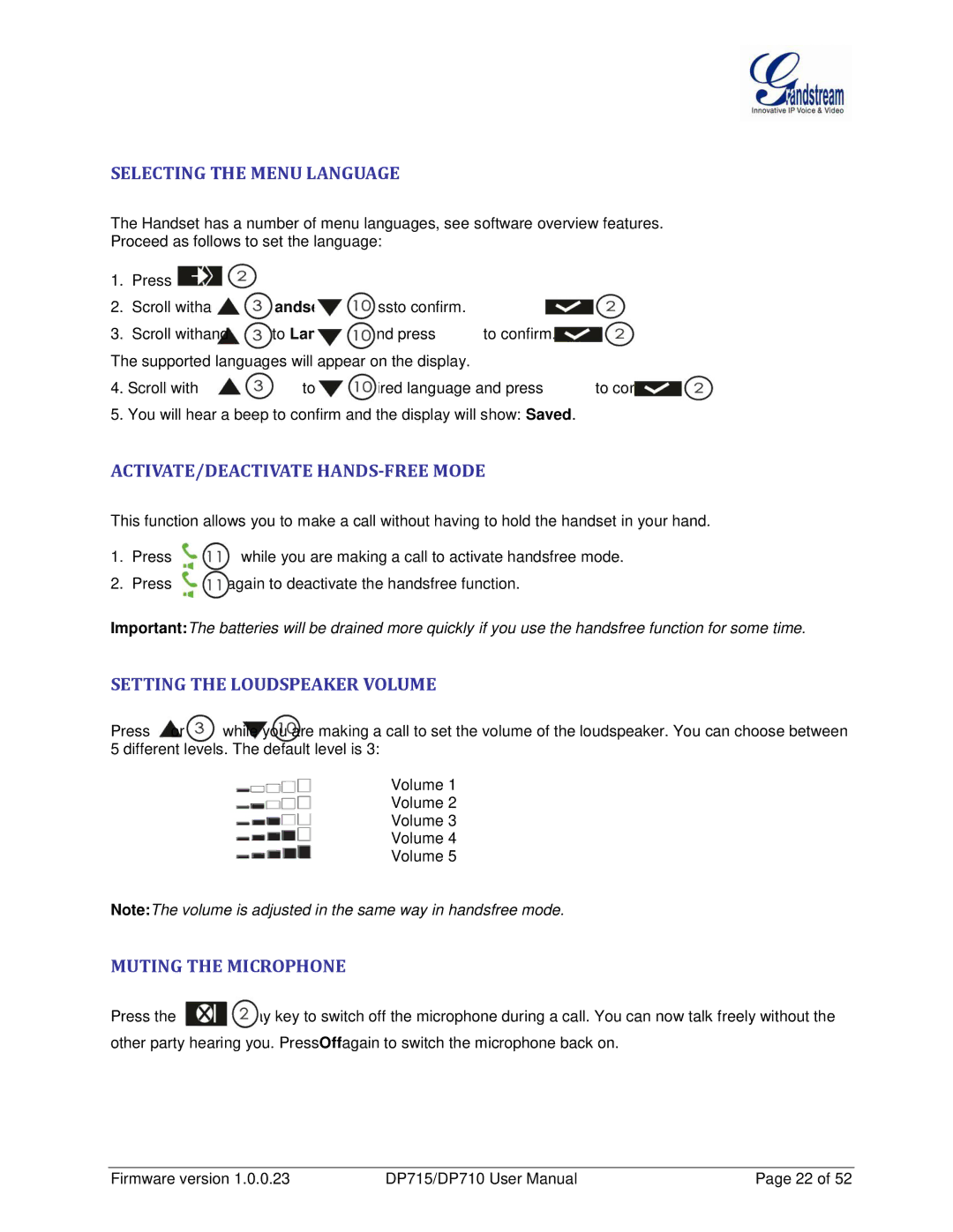 Grandstream Networks DP710 manual Selecting the Menu Language, ACTIVATE/DEACTIVATE HANDS-FREE Mode, Muting the Microphone 