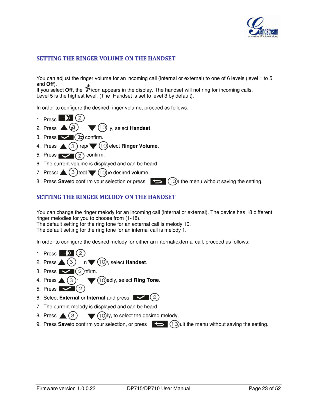 Grandstream Networks DP710 manual Setting the Ringer Volume on the Handset, Setting the Ringer Melody on the Handset 