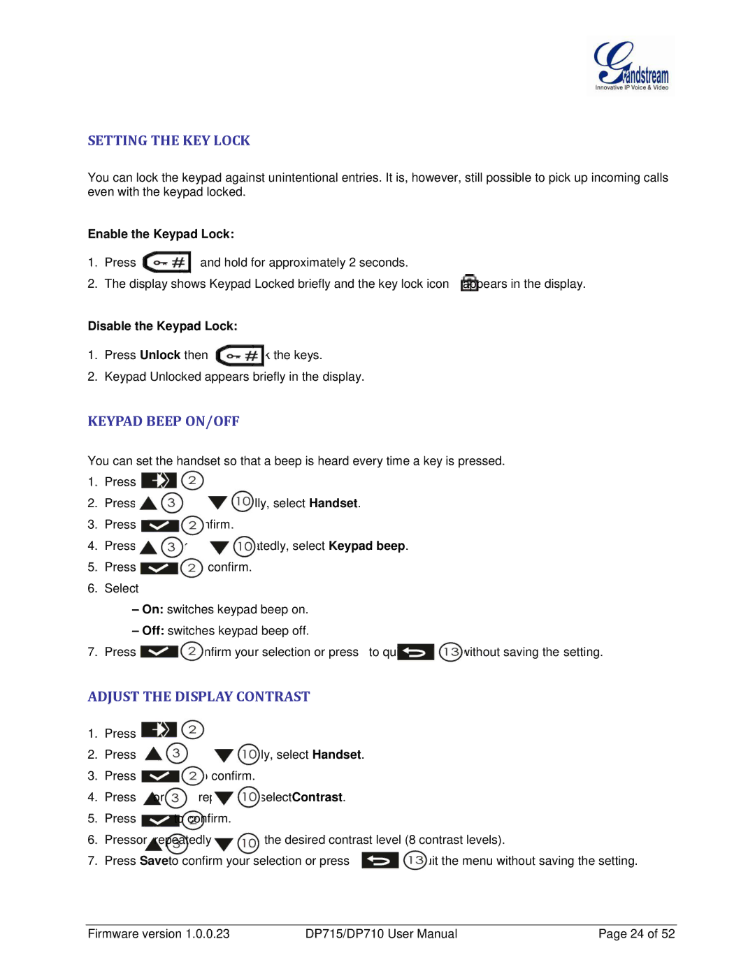 Grandstream Networks DP710 Setting the KEY Lock, Keypad Beep ON/OFF, Adjust the Display Contrast, Enable the Keypad Lock 