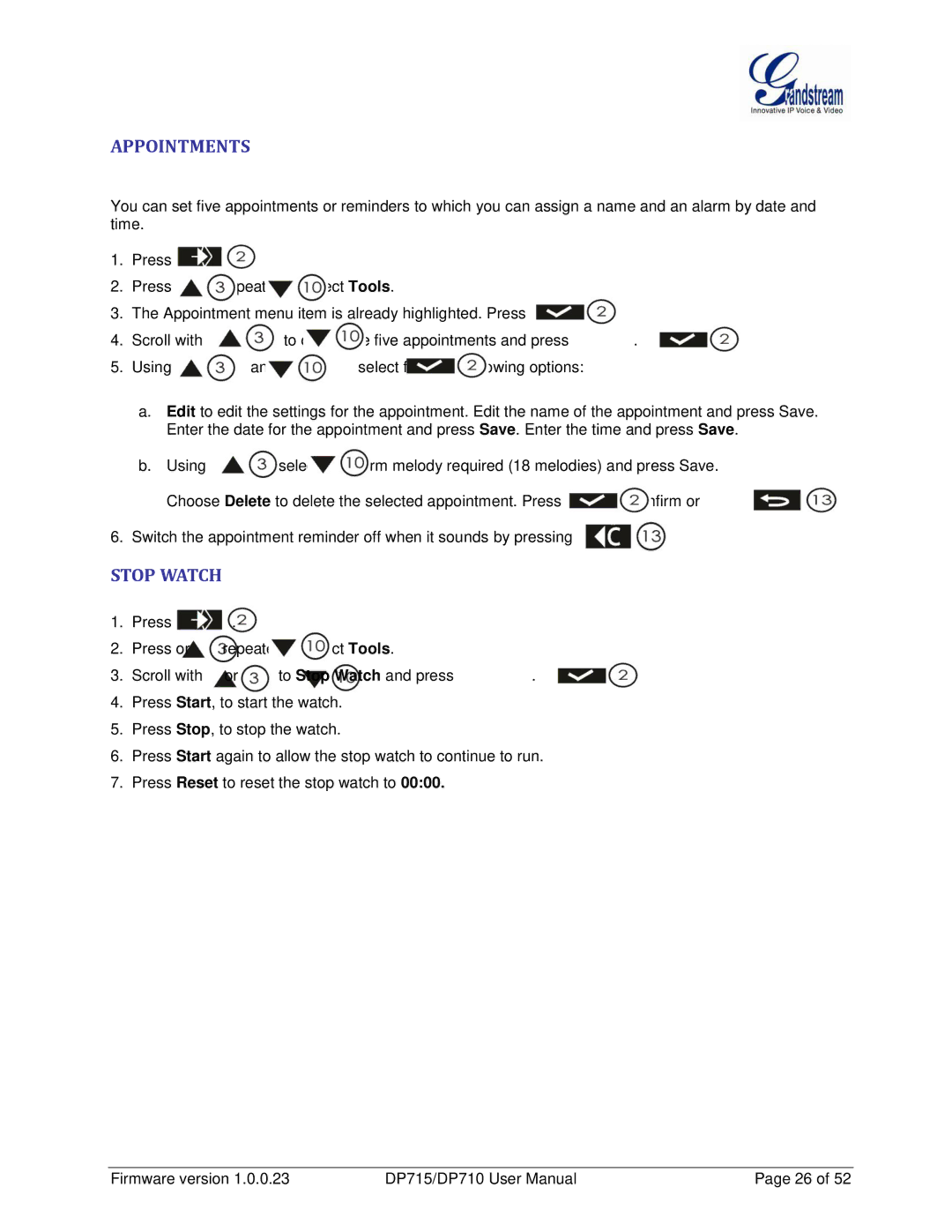 Grandstream Networks DP710 manual Appointments, Stop Watch 