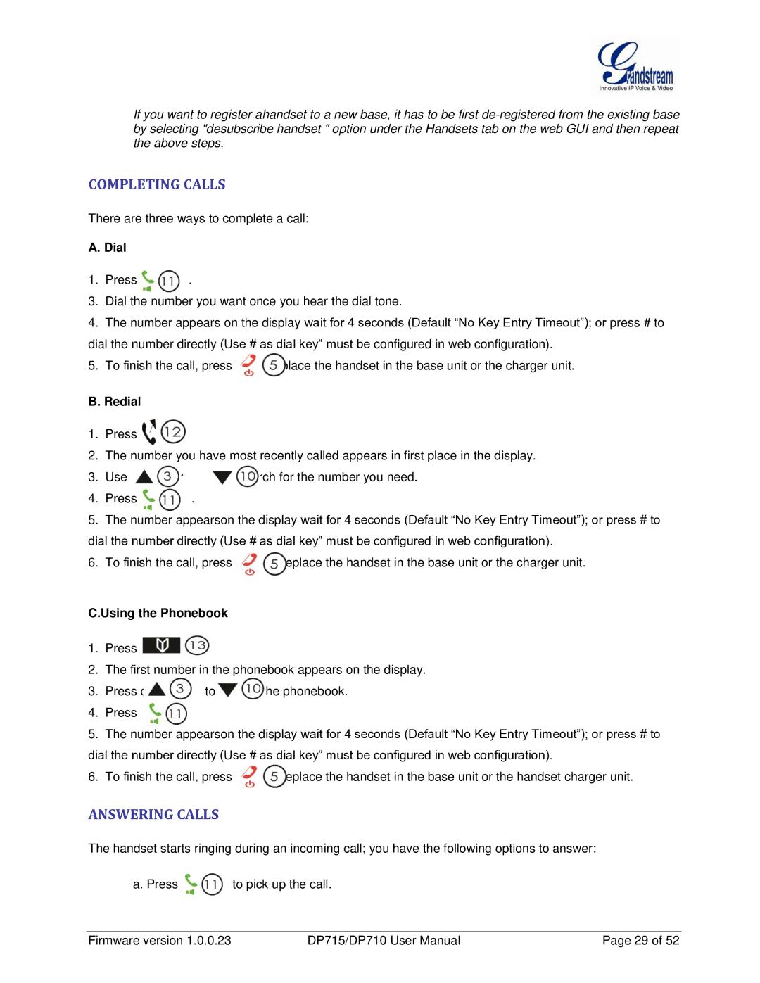 Grandstream Networks DP710 manual Completing Calls, Answering Calls, Dial, Redial, Using the Phonebook 