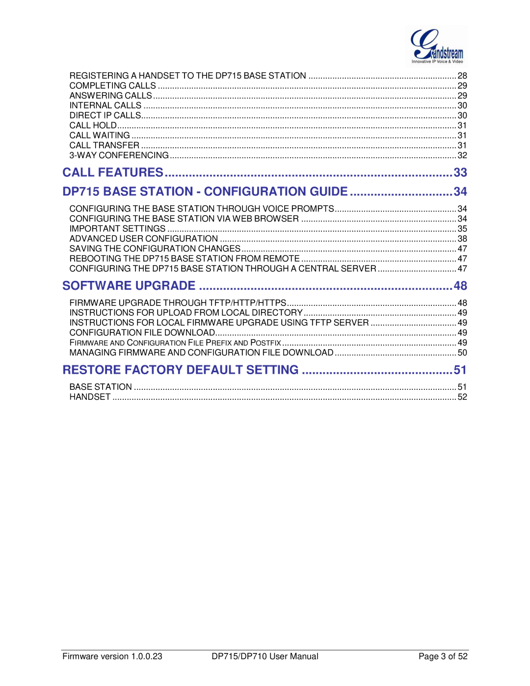 Grandstream Networks DP710 manual Call Features DP715 Base Station Configuration Guide 