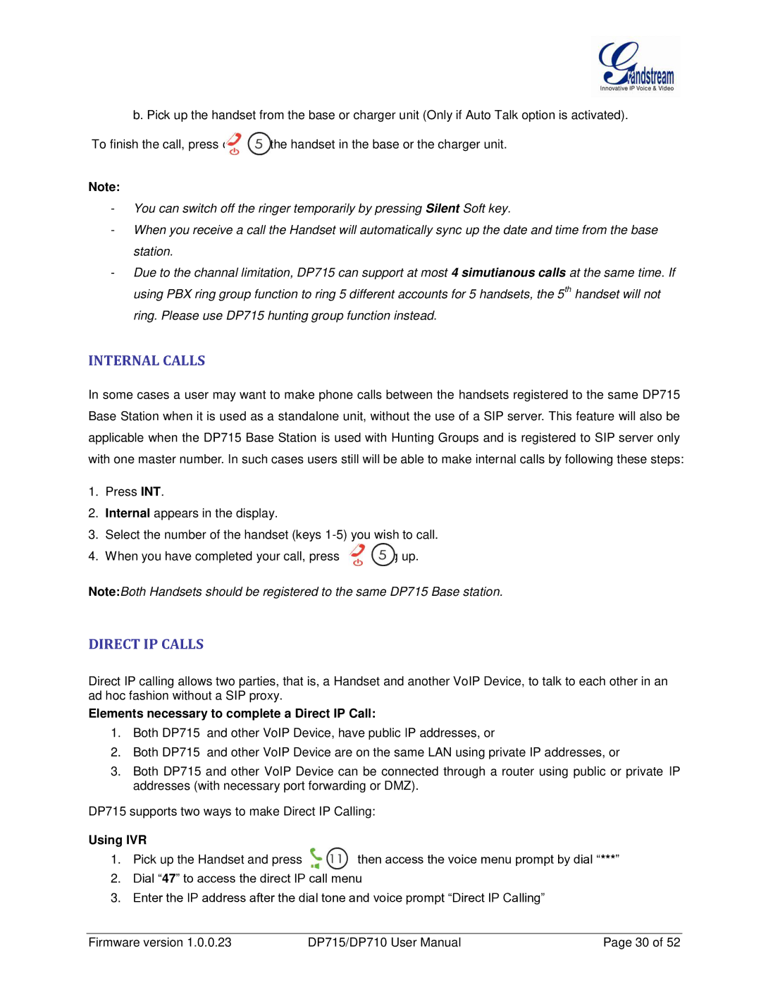 Grandstream Networks DP710 Internal Calls, Direct IP Calls, Elements necessary to complete a Direct IP Call, Using IVR 