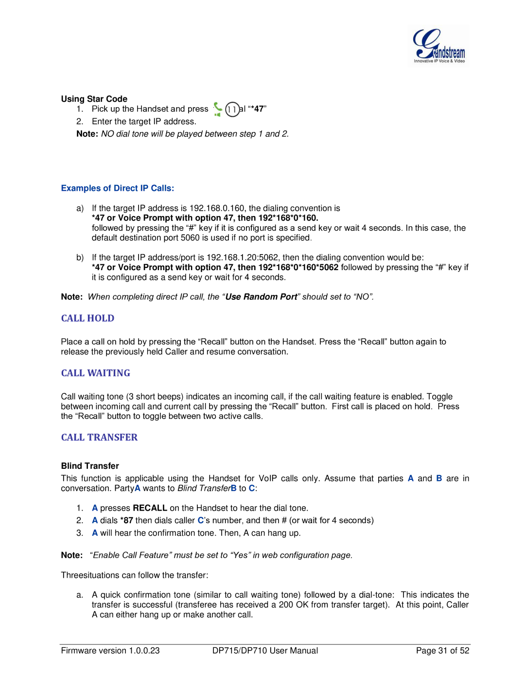 Grandstream Networks DP710 manual Call Hold, Call Waiting, Call Transfer 