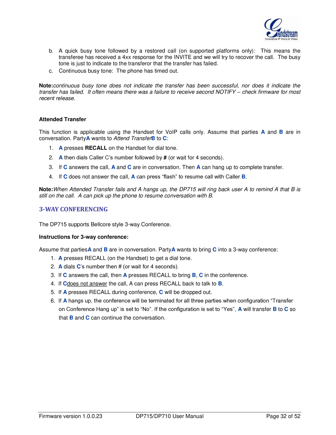 Grandstream Networks DP710 manual WAY Conferencing, Attended Transfer, Instructions for 3-way conference 