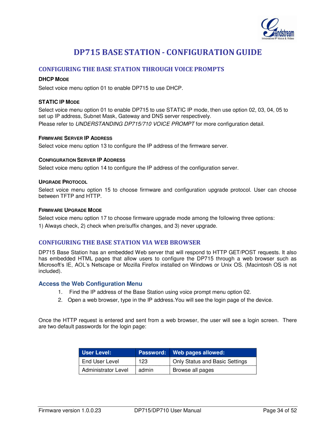 Grandstream Networks DP710 DP715 Base Station Configuration Guide, Configuring the Base Station Through Voice Prompts 