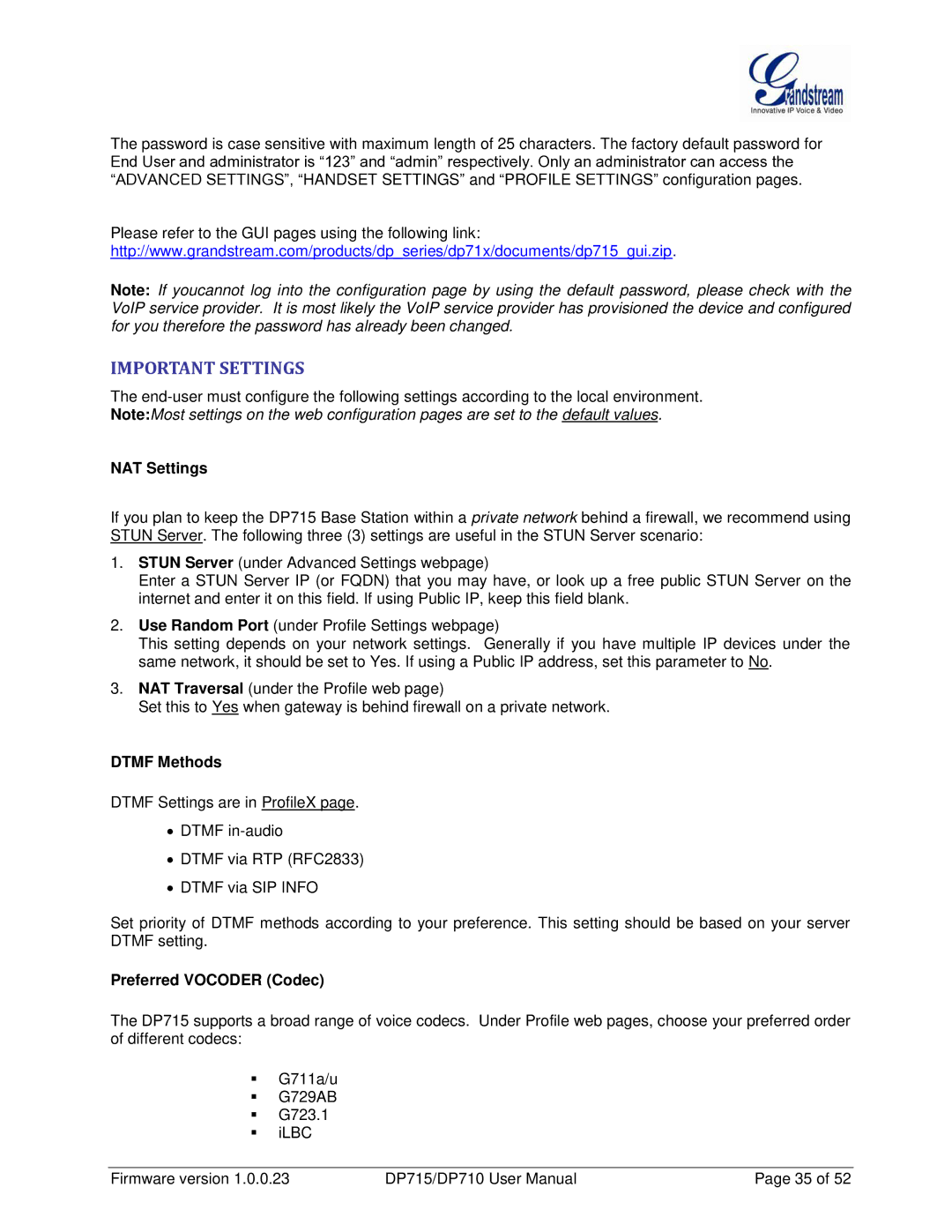 Grandstream Networks DP710 manual Important Settings, NAT Settings, Dtmf Methods, Preferred Vocoder Codec 