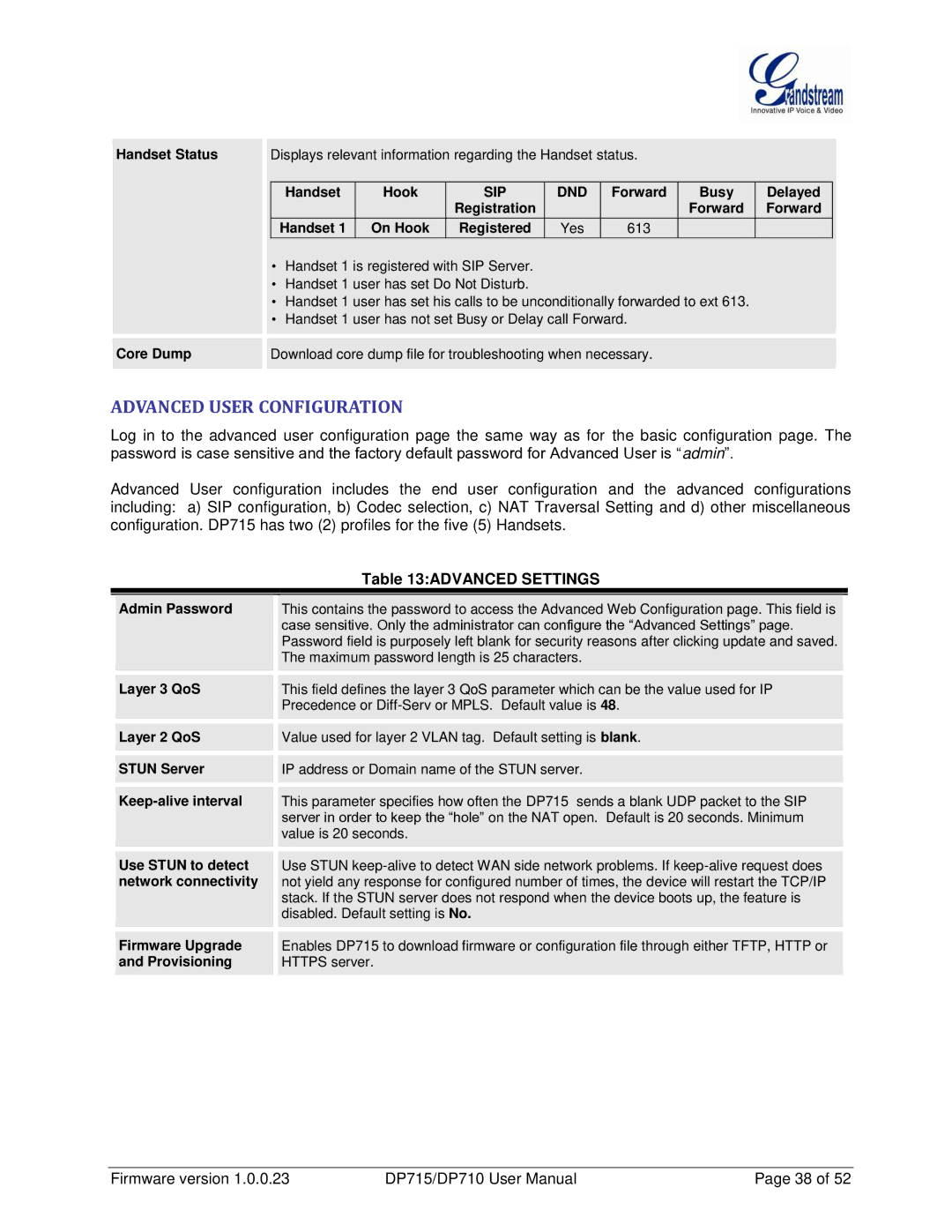 Grandstream Networks DP710 manual Advanced User Configuration, Advanced Settings, Sip Dnd 