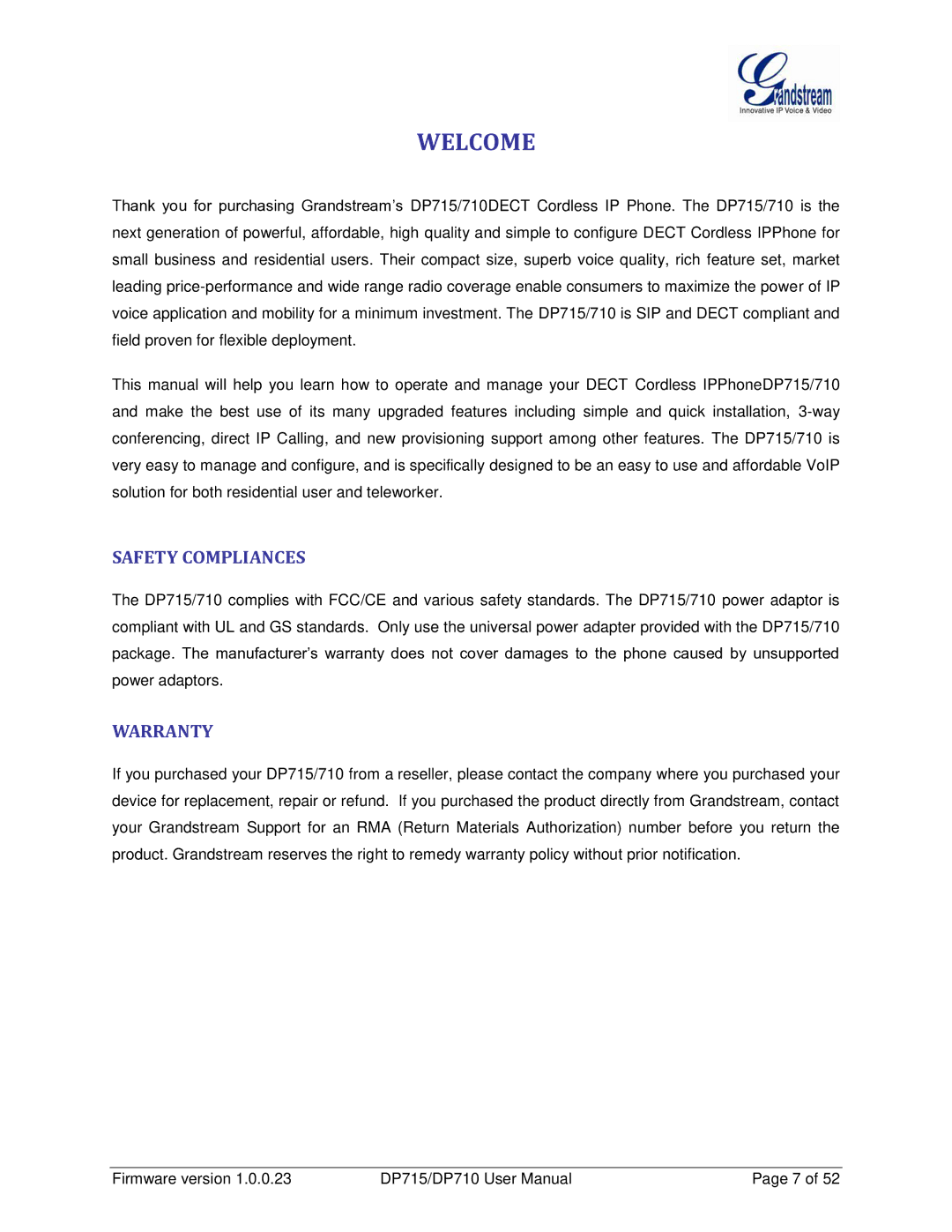 Grandstream Networks DP710 manual Welcome, Safety Compliances, Warranty 