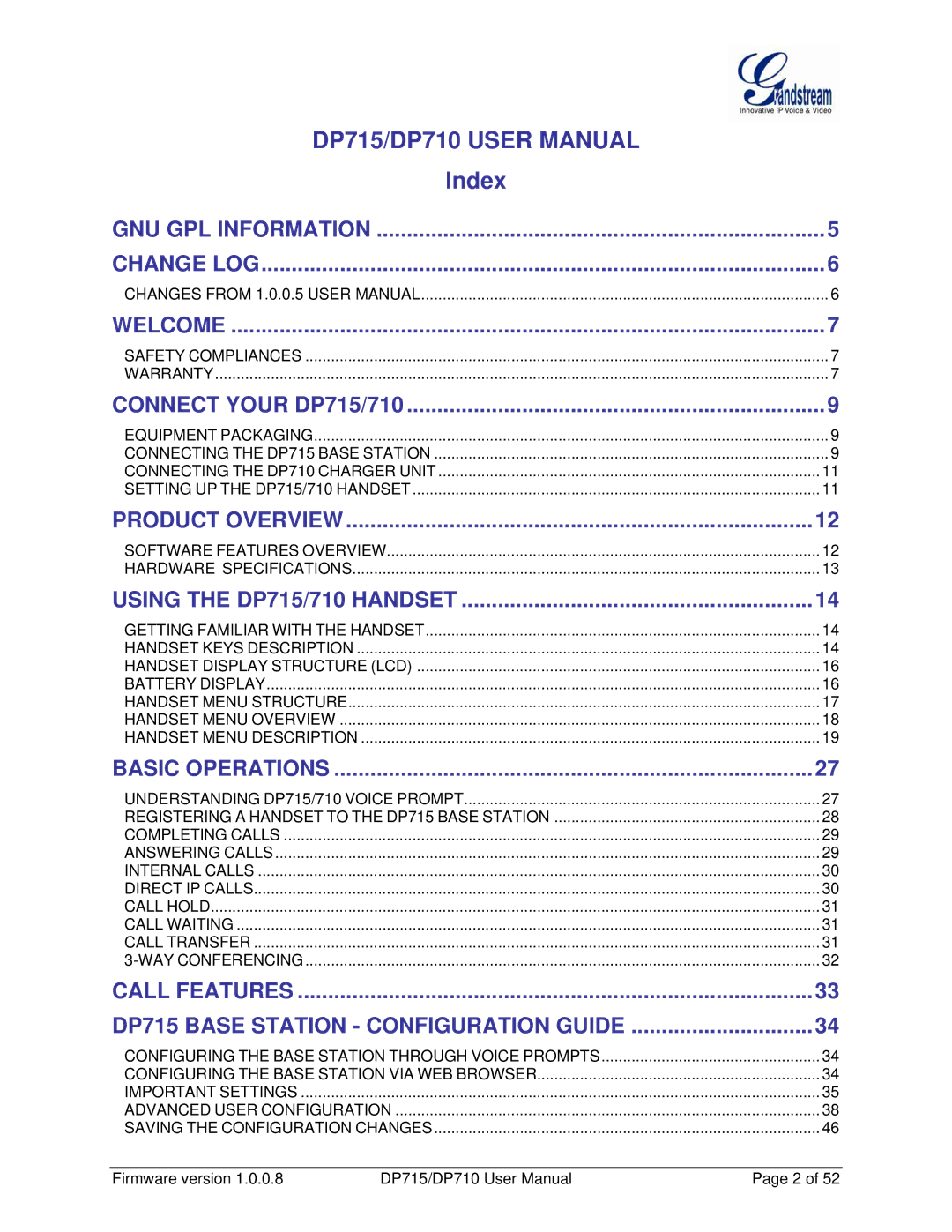 Grandstream Networks DP710 manual Index 