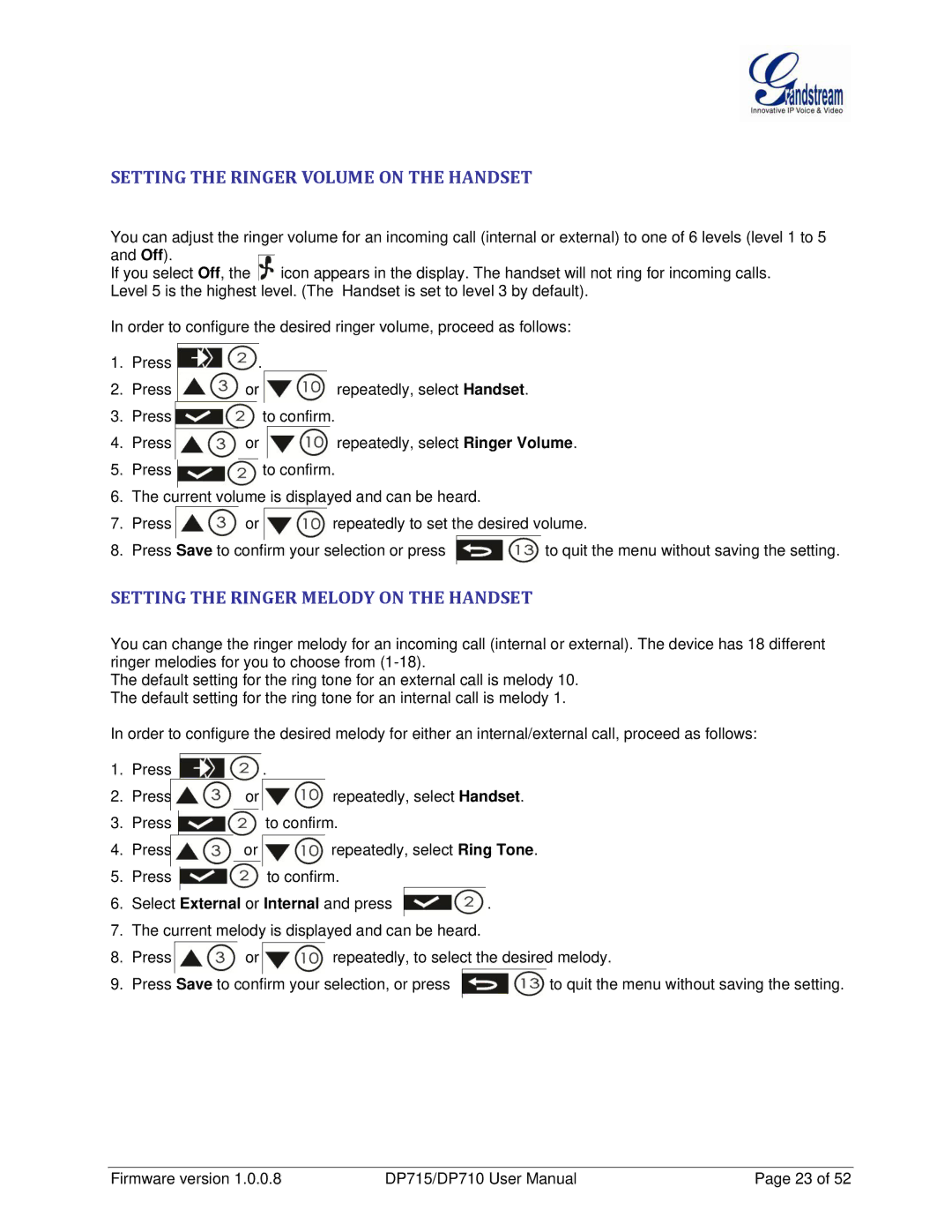 Grandstream Networks DP710 manual Setting the Ringer Volume on the Handset, Setting the Ringer Melody on the Handset 