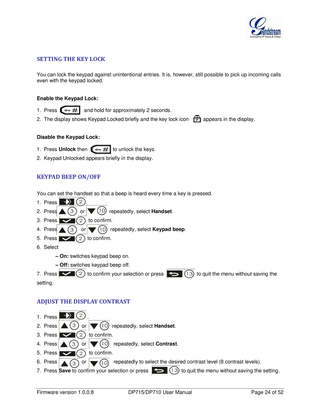 Grandstream Networks DP710 Setting the KEY Lock, Keypad Beep ON/OFF, Adjust the Display Contrast, Enable the Keypad Lock 