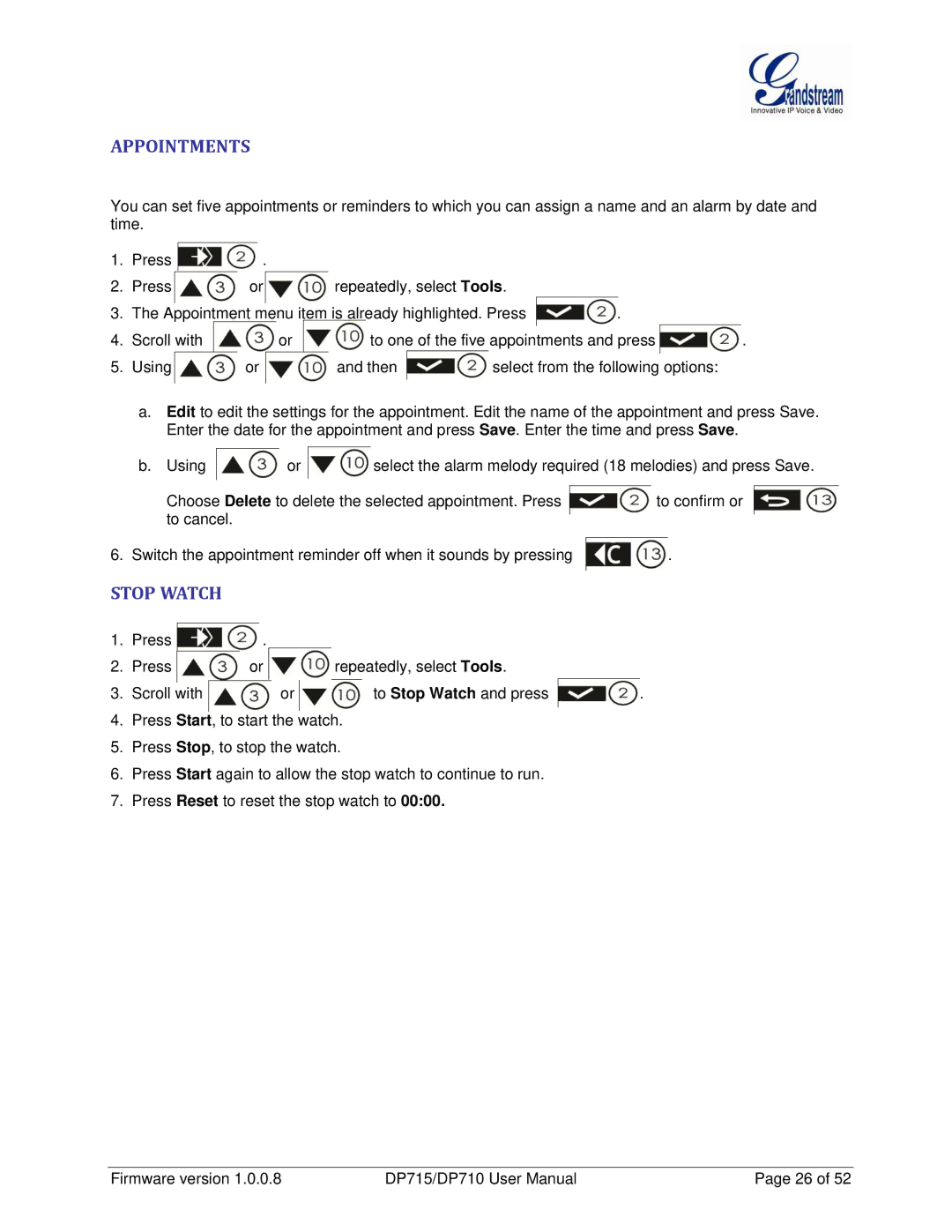 Grandstream Networks DP710 manual Appointments, Stop Watch 