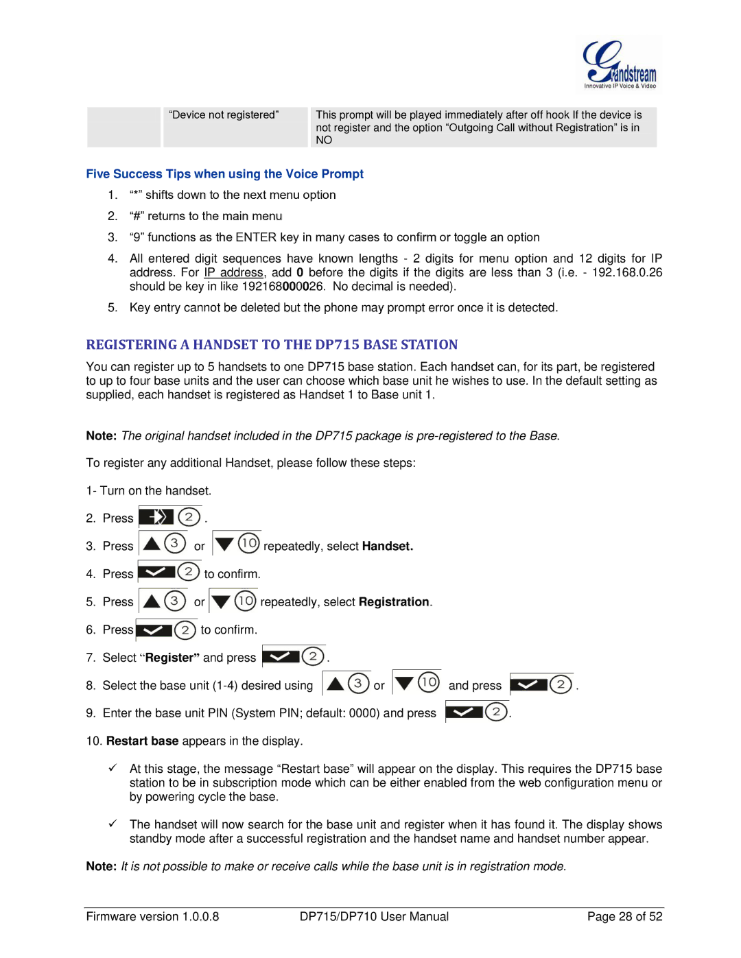 Grandstream Networks DP710 manual Registering a Handset to the DP715 Base Station, Device not registered 