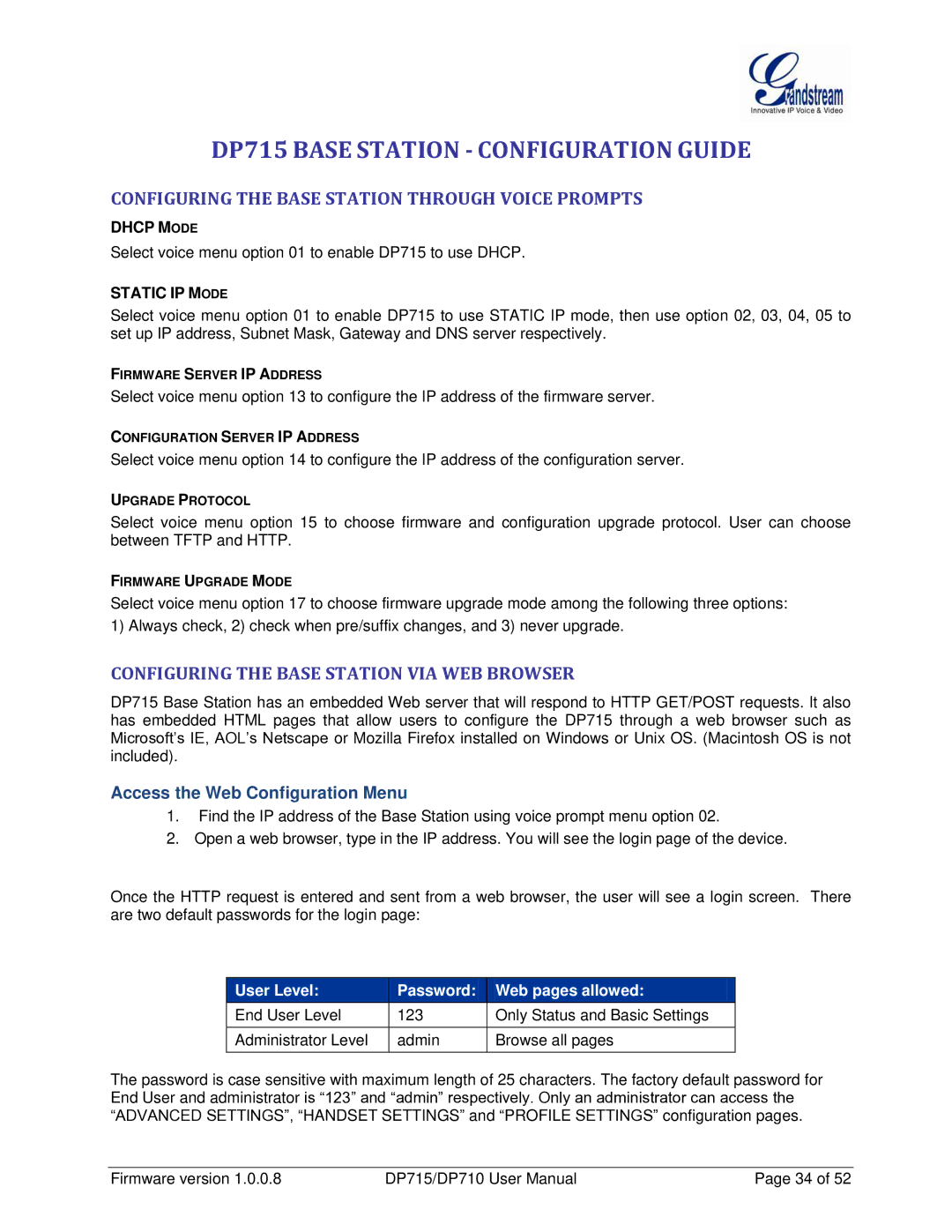 Grandstream Networks DP710 DP715 Base Station Configuration Guide, Configuring the Base Station Through Voice Prompts 