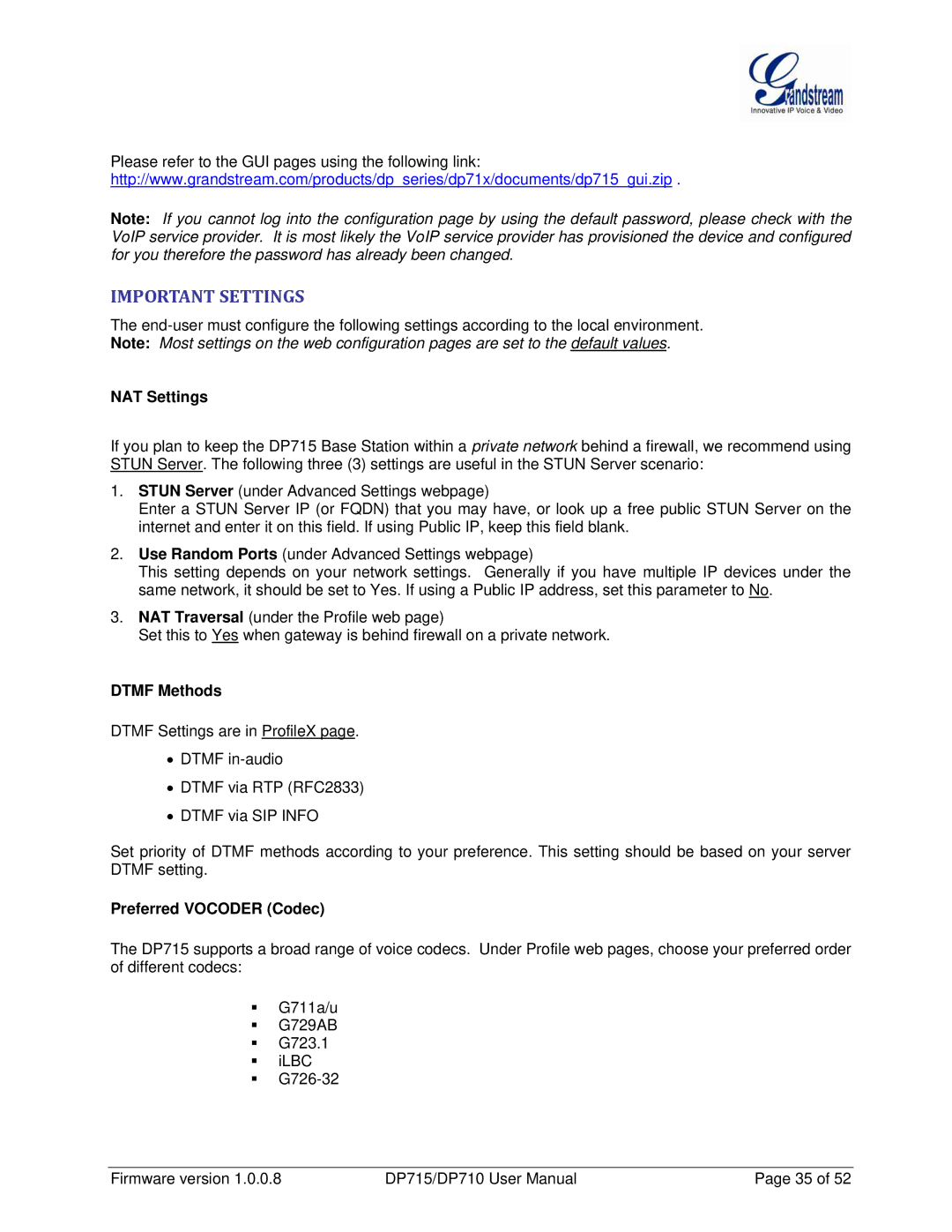 Grandstream Networks DP710 manual Important Settings, NAT Settings, Dtmf Methods, Preferred Vocoder Codec 