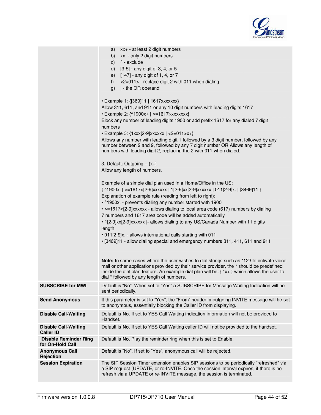 Grandstream Networks DP710 manual Subscribe for MWI, Send Anonymous, Disable Call-Waiting, Caller ID Disable Reminder Ring 