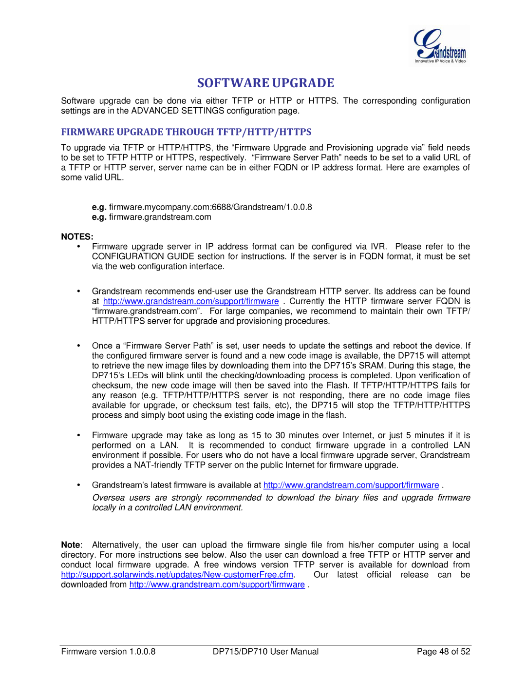 Grandstream Networks DP710 manual Software Upgrade, Firmware Upgrade Through TFTP/HTTP/HTTPS 