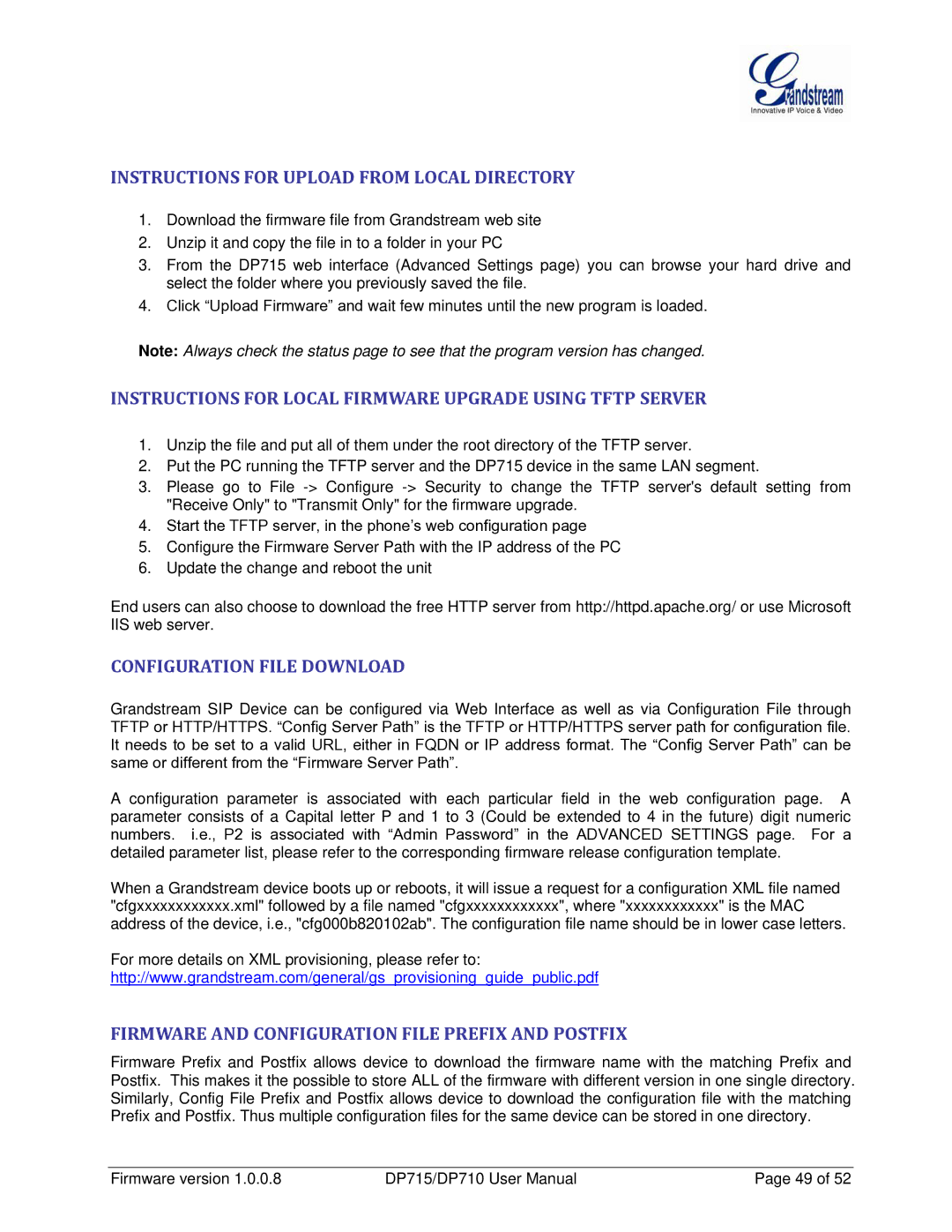 Grandstream Networks DP710 manual Instructions for Upload from Local Directory, Configuration File Download 