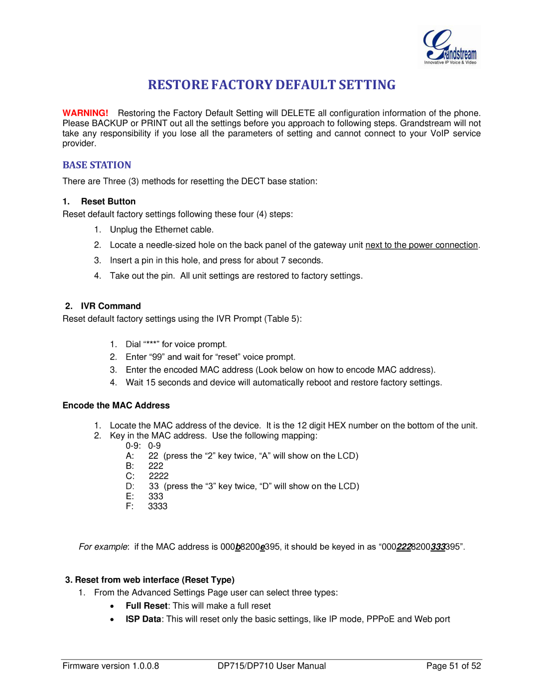 Grandstream Networks DP710 manual Restore Factory Default Setting, Base Station 