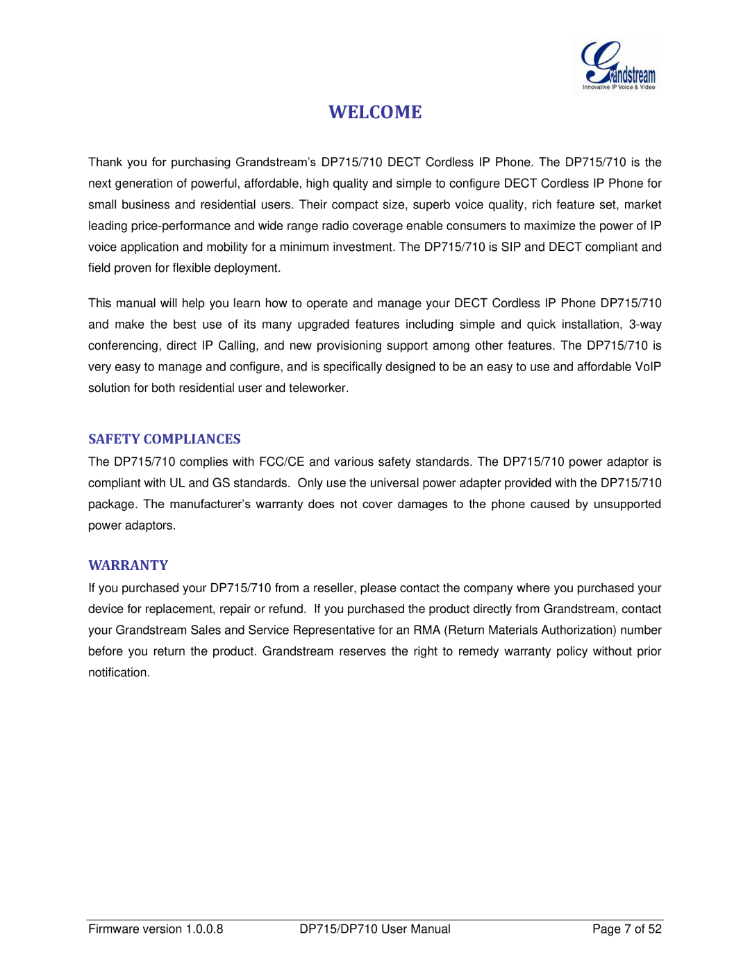 Grandstream Networks DP710 manual Welcome, Safety Compliances, Warranty 