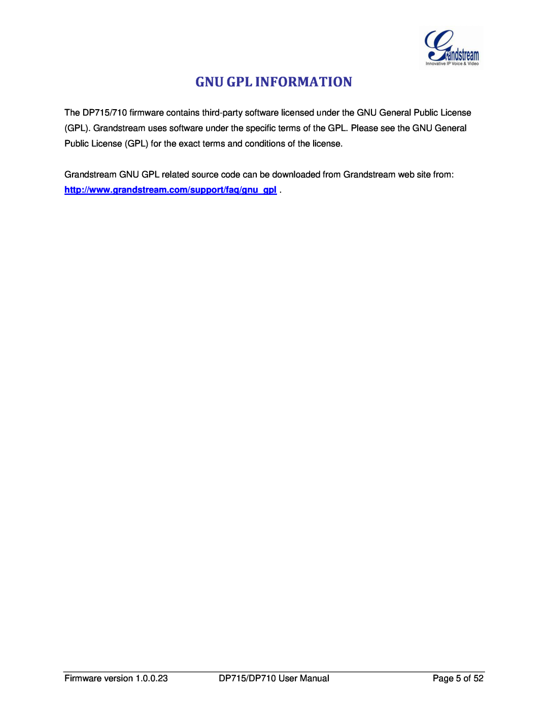 Grandstream Networks manual Gnu Gpl Information, Firmware version, DP715/DP710 User Manual, Page 5 of 