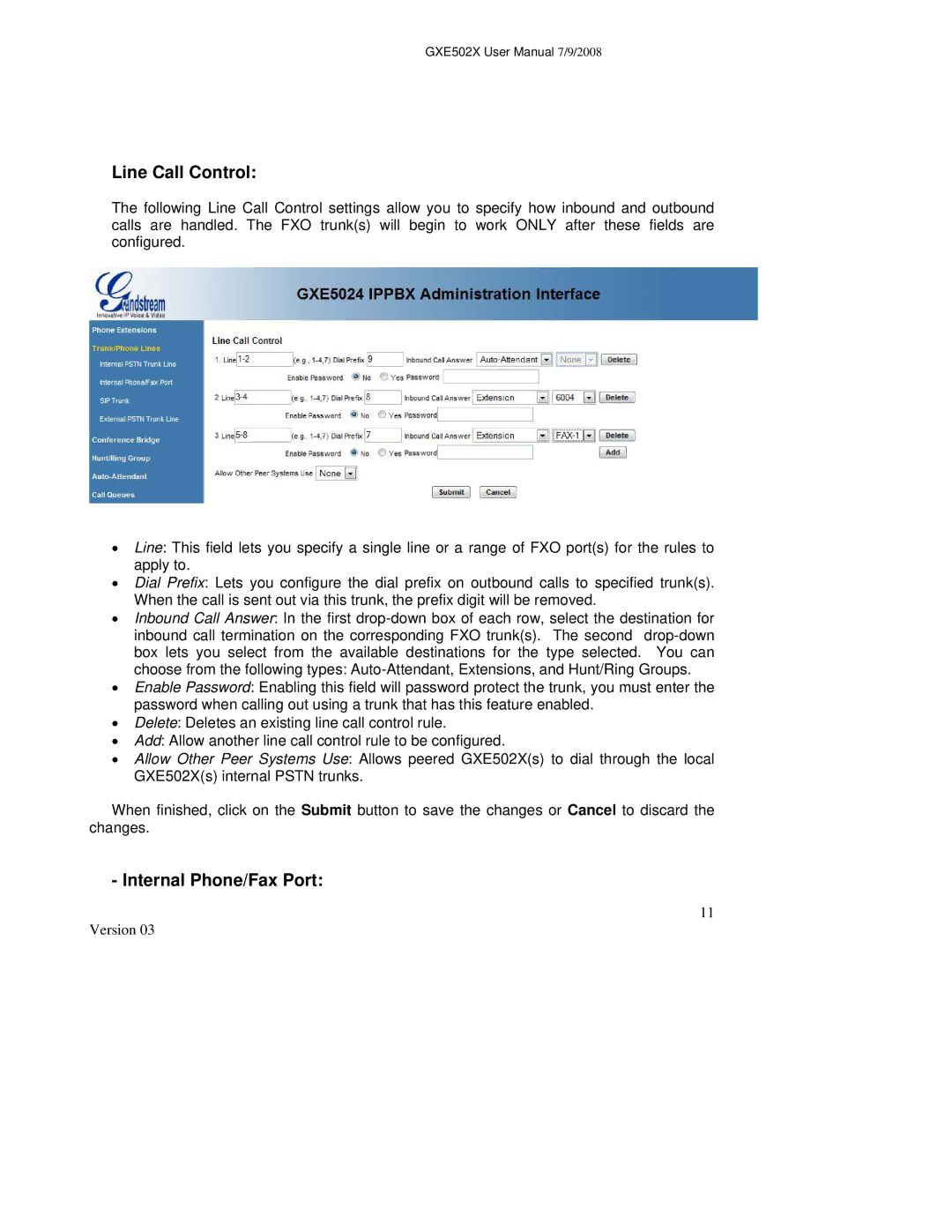 Grandstream Networks GXE502X user manual Line Call Control, Internal Phone/Fax Port 