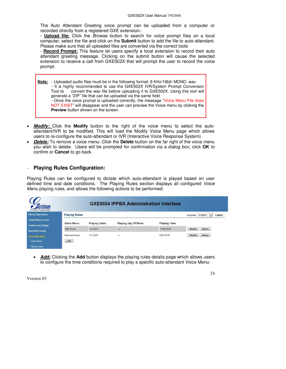 Grandstream Networks GXE502X user manual Playing Rules Configuration 