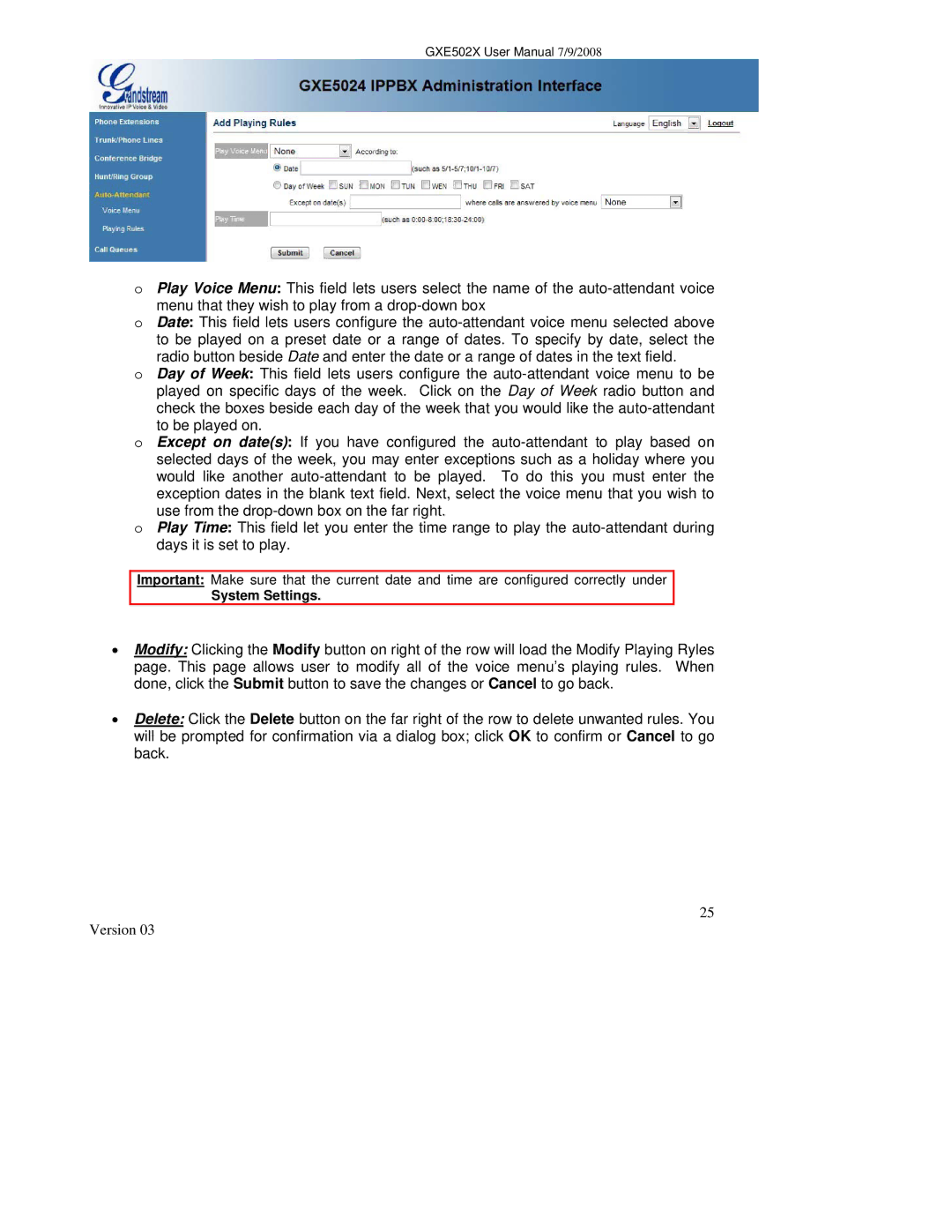 Grandstream Networks GXE502X user manual System Settings 