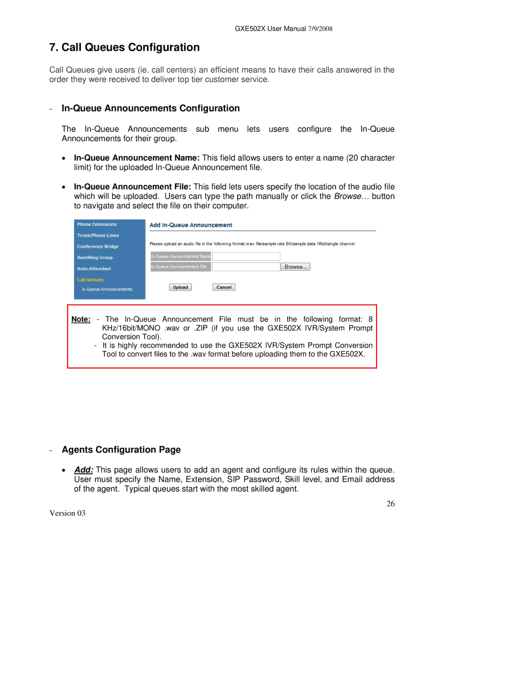 Grandstream Networks GXE502X user manual Call Queues Configuration, In-Queue Announcements Configuration 