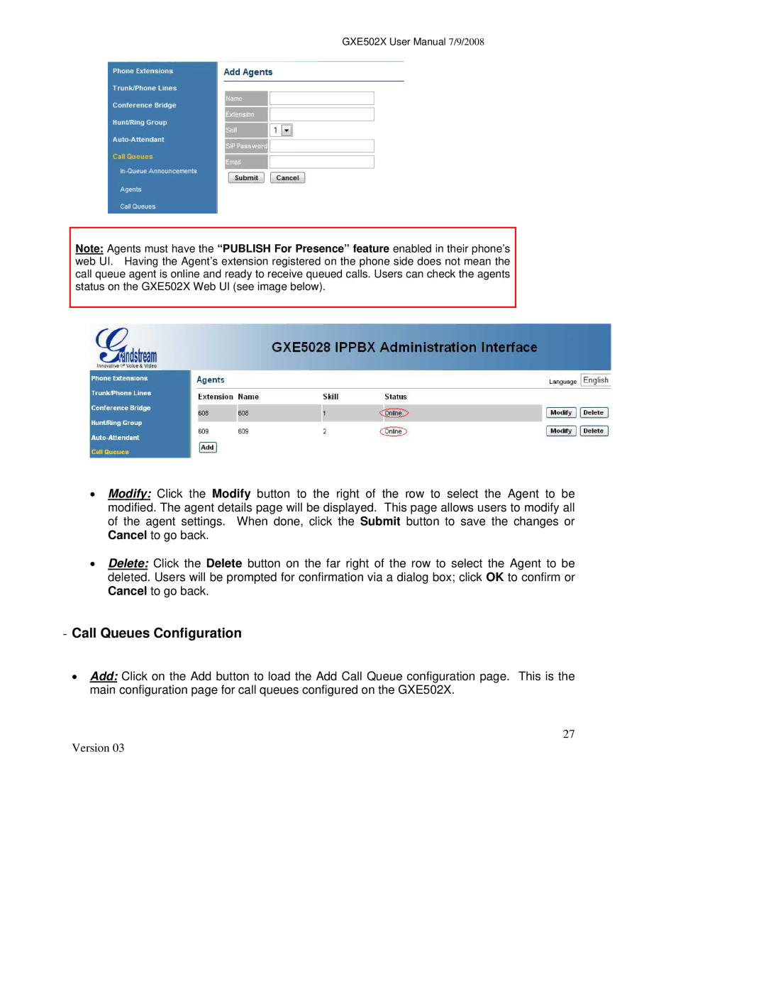 Grandstream Networks GXE502X user manual Call Queues Configuration 