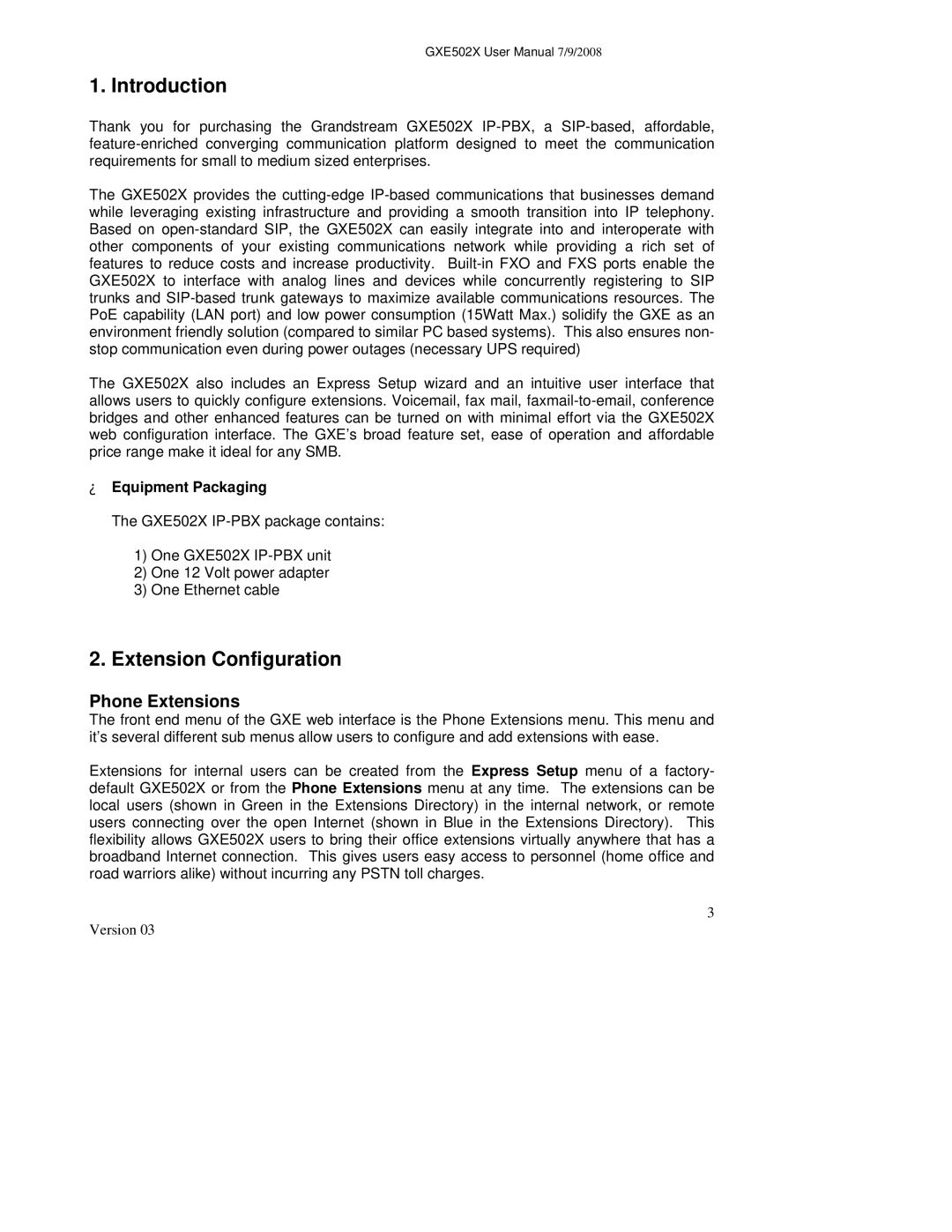 Grandstream Networks GXE502X user manual Introduction, Extension Configuration, Phone Extensions, Equipment Packaging 