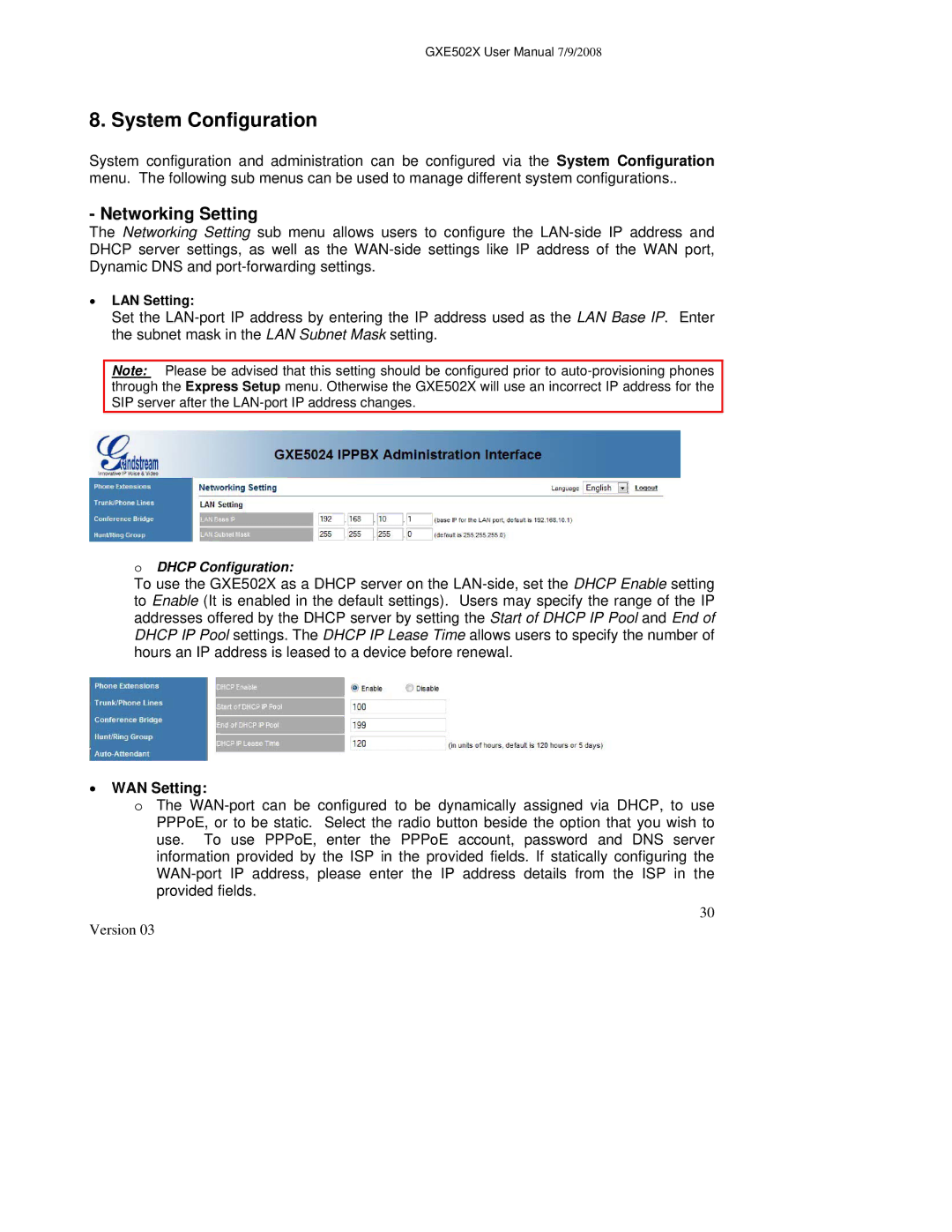 Grandstream Networks GXE502X user manual System Configuration, Networking Setting, WAN Setting 