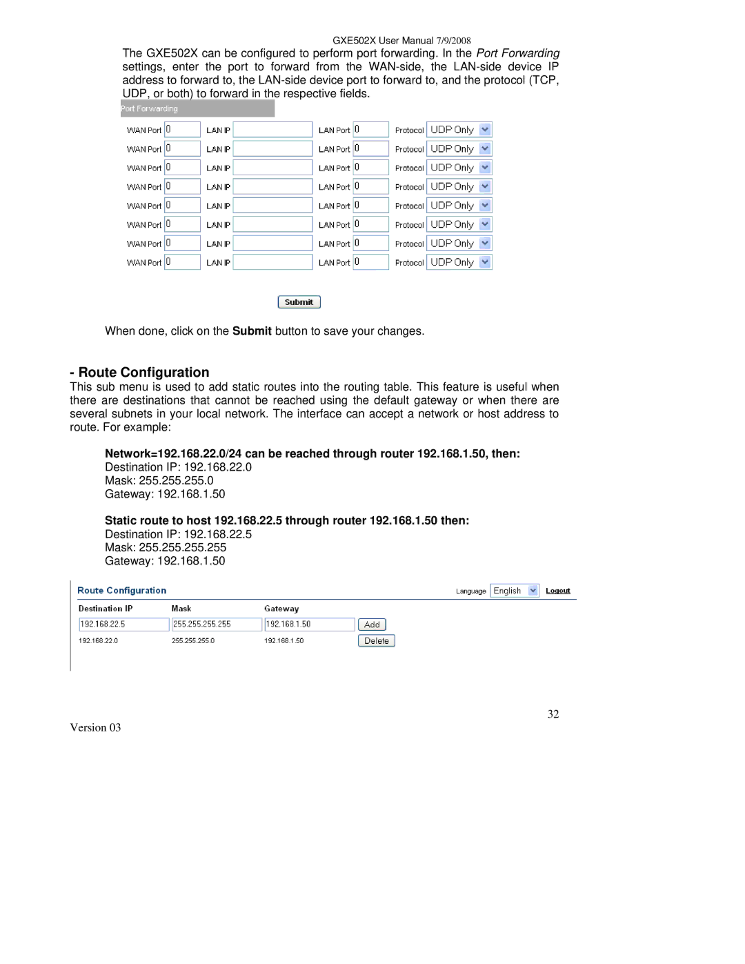 Grandstream Networks GXE502X user manual Route Configuration 