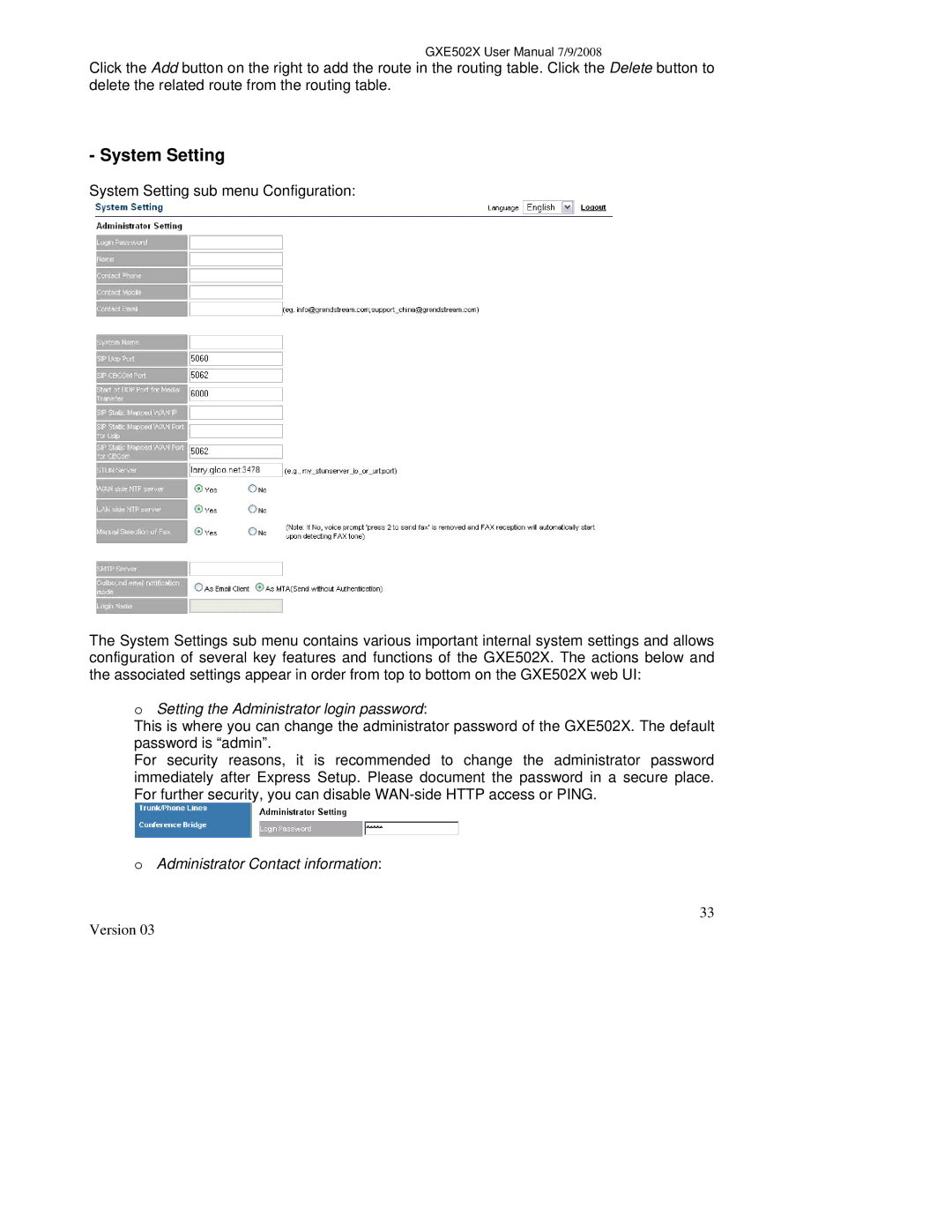 Grandstream Networks GXE502X System Setting, Setting the Administrator login password, Administrator Contact information 