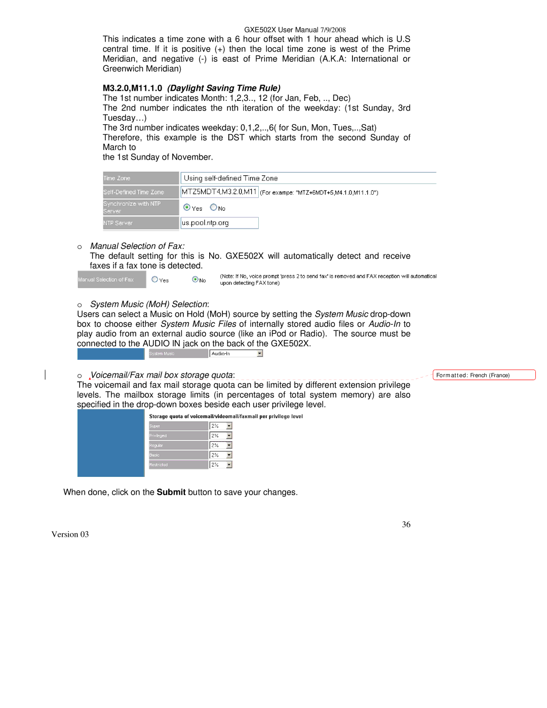 Grandstream Networks GXE502X Manual Selection of Fax, System Music MoH Selection, Voicemail/Fax mail box storage quota 