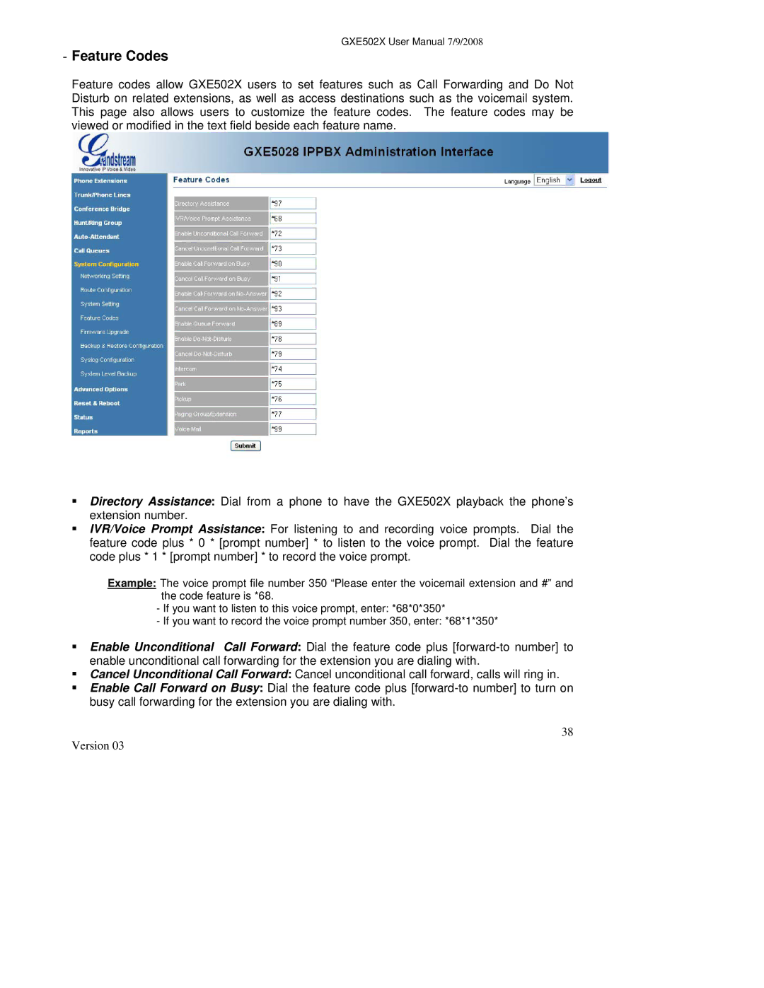 Grandstream Networks GXE502X user manual Feature Codes 