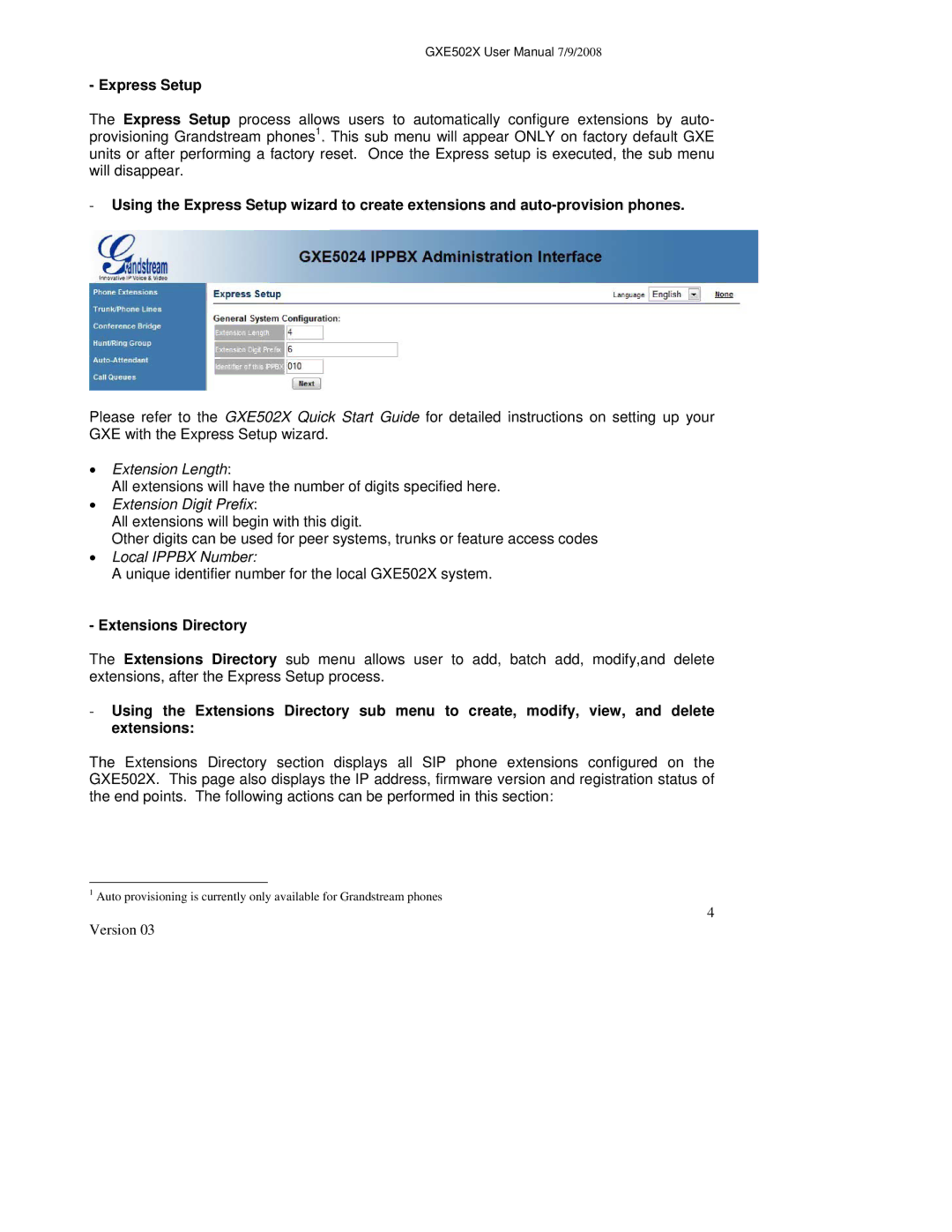 Grandstream Networks GXE502X user manual Express Setup, Extension Length, Extension Digit Prefix, Local Ippbx Number 