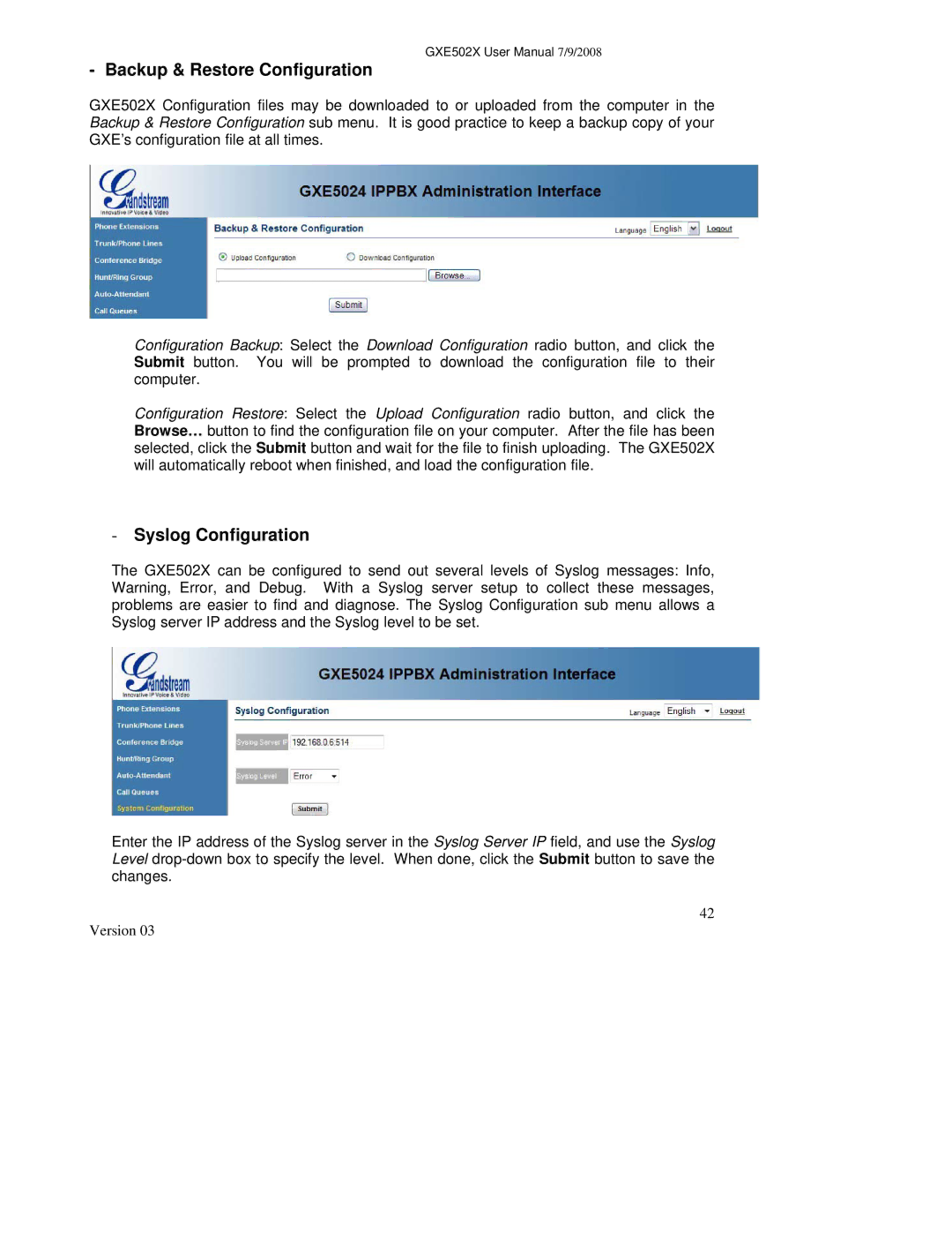 Grandstream Networks GXE502X user manual Backup & Restore Configuration, Syslog Configuration 