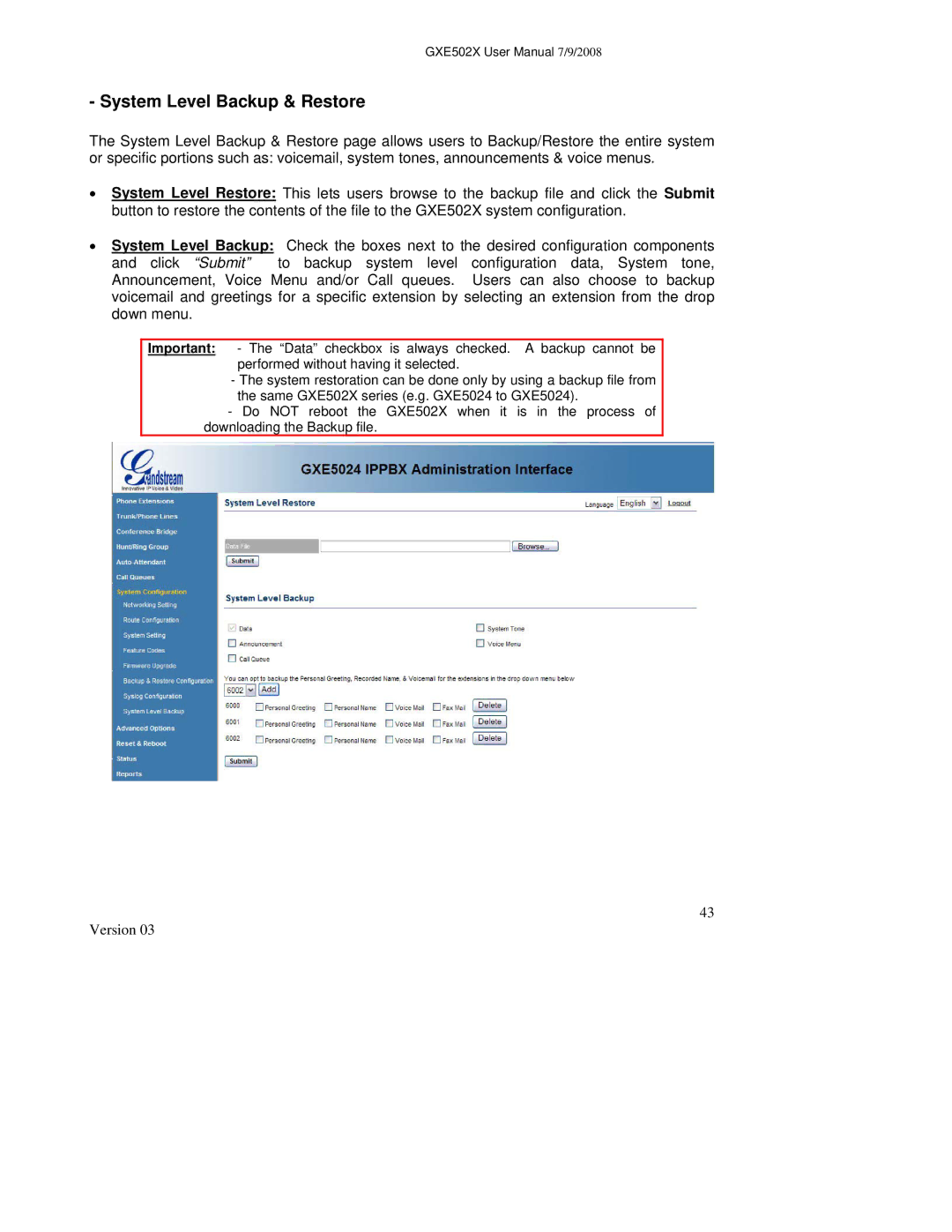 Grandstream Networks GXE502X user manual System Level Backup & Restore 