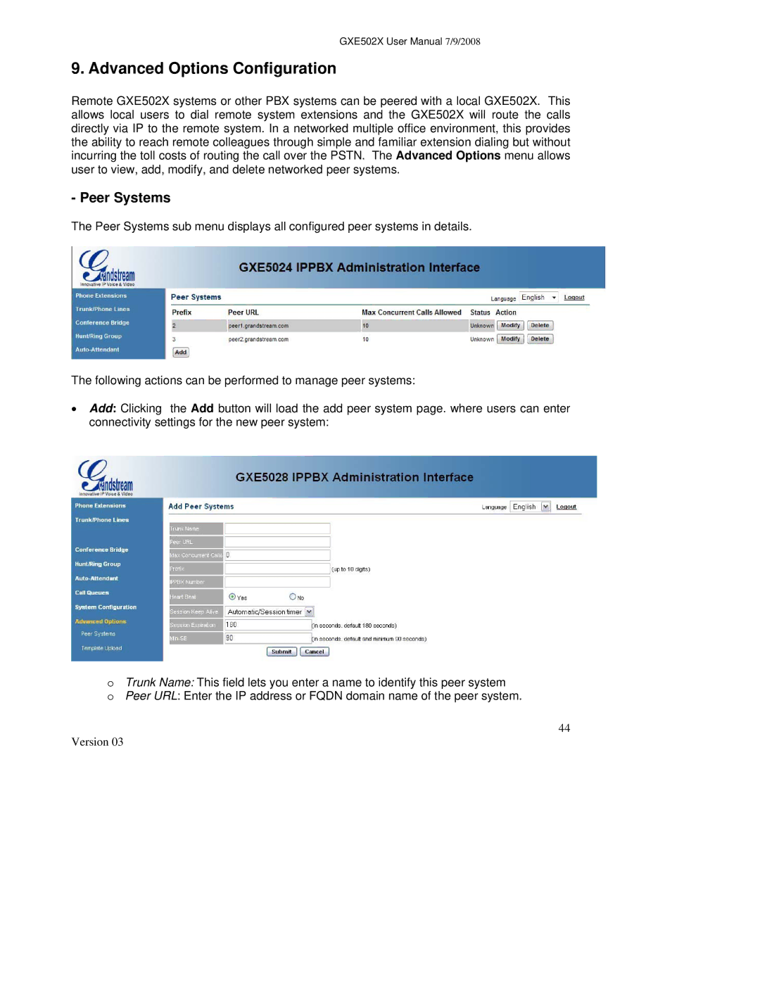 Grandstream Networks GXE502X user manual Advanced Options Configuration, Peer Systems 