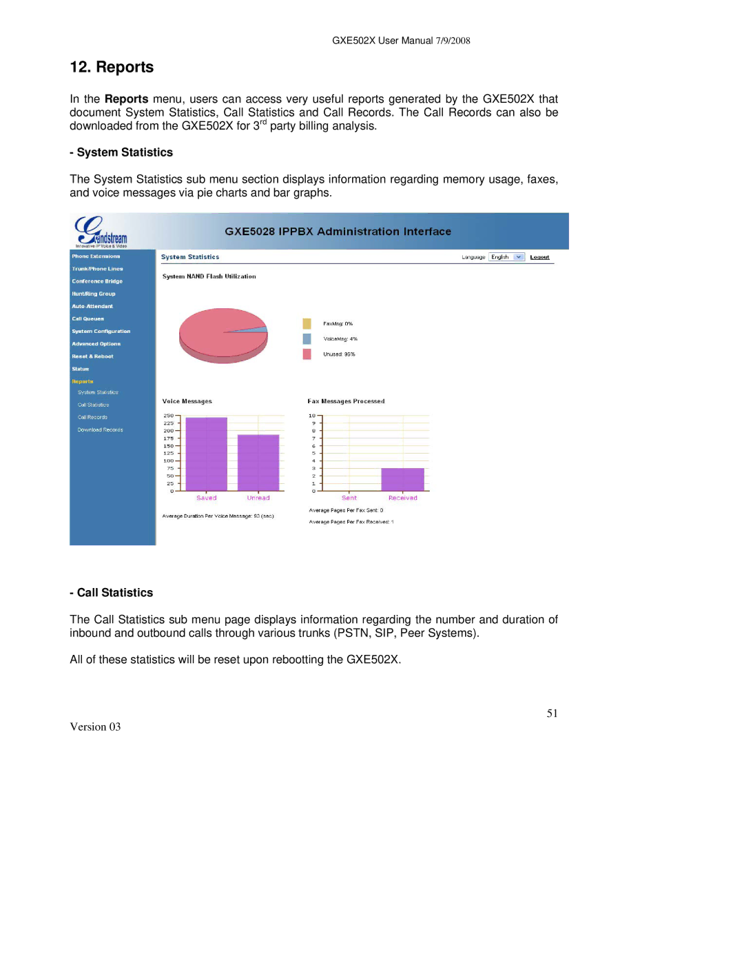 Grandstream Networks GXE502X user manual Reports, System Statistics, Call Statistics 