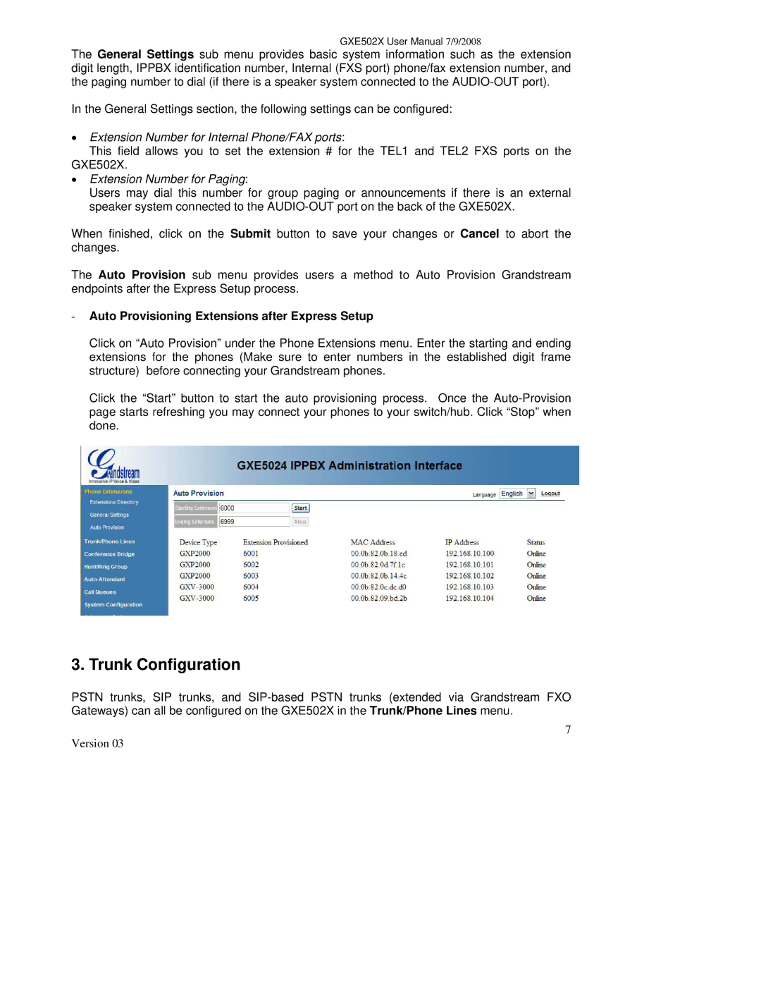 Grandstream Networks GXE502X user manual Trunk Configuration, Extension Number for Internal Phone/FAX ports 