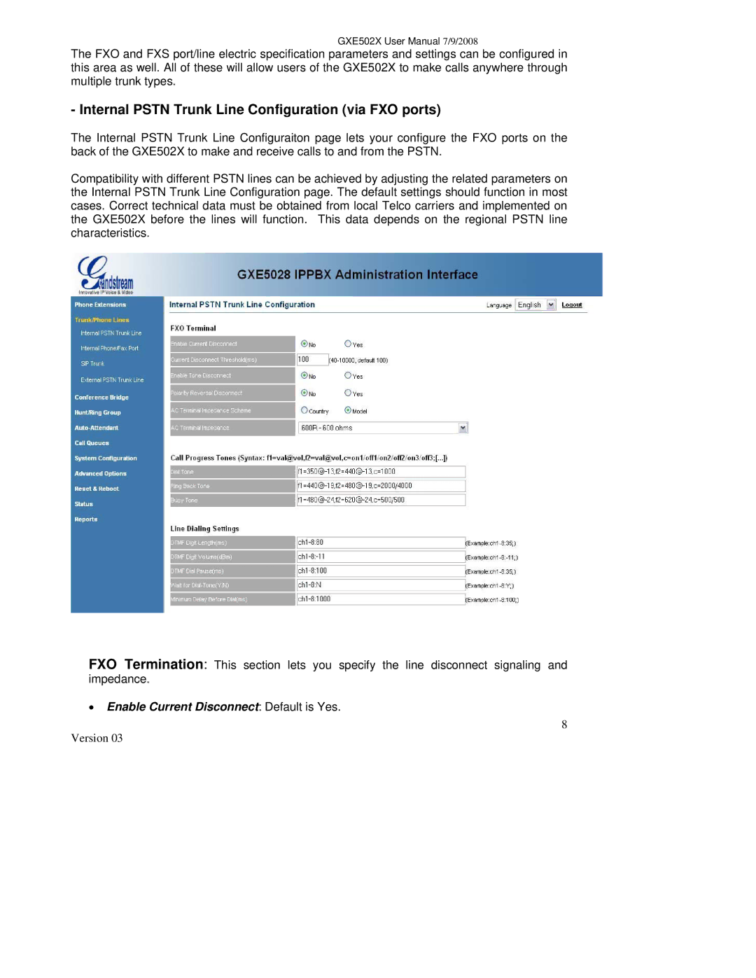 Grandstream Networks GXE502X user manual Internal Pstn Trunk Line Configuration via FXO ports 