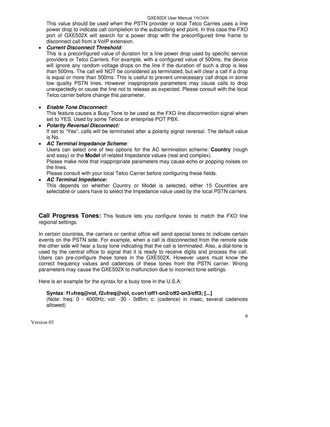 Grandstream Networks GXE502X user manual Current Disconnect Threshold 